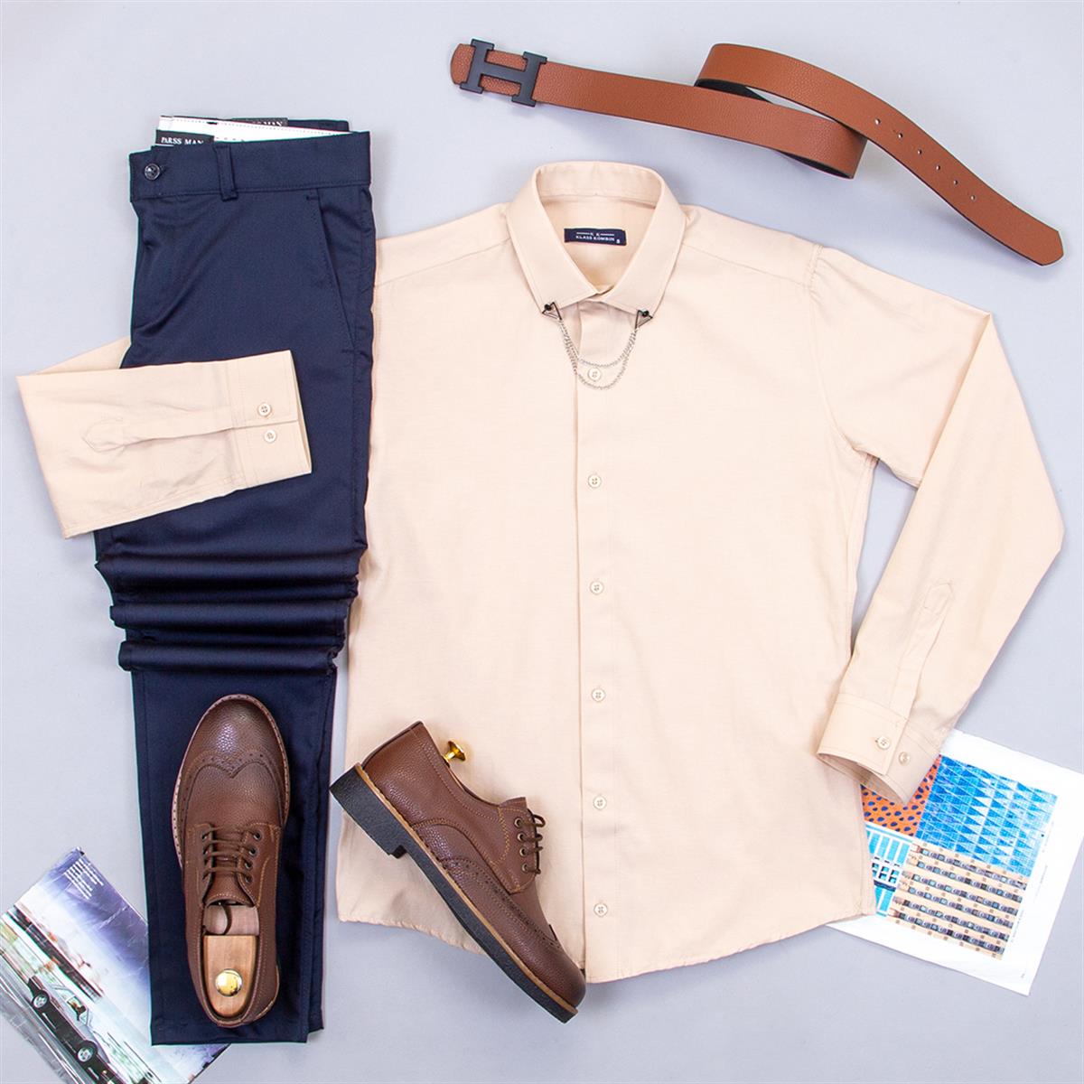 Lacivert Pantolon Bej Gömlek Ayakkabı Kombin