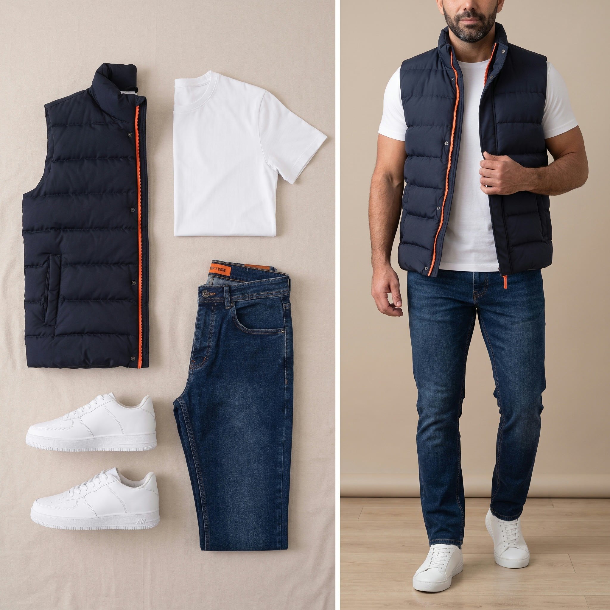 Lacivert Şişme Yelek Basic Pantolon Ayakkabı Kombin