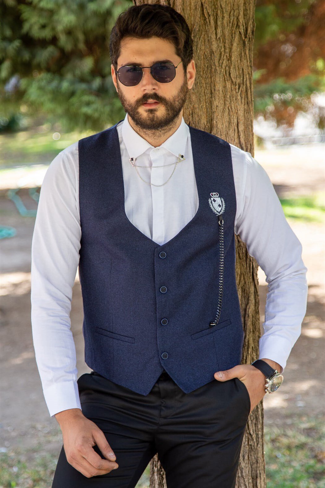 Lacivert standart yaka zincirli model klasik yelek