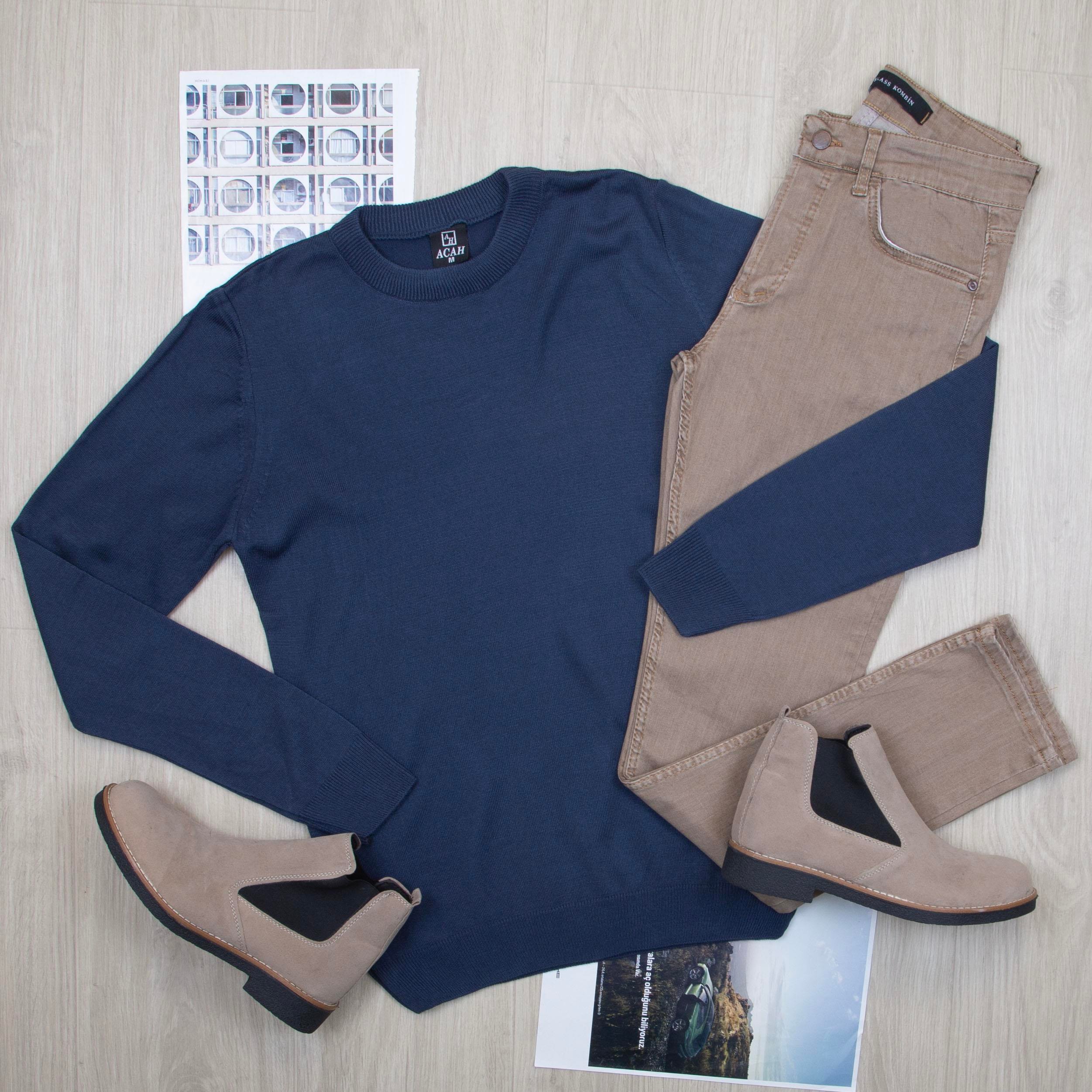 Lacivert Triko Kazak Pantolon Bot Kombin 