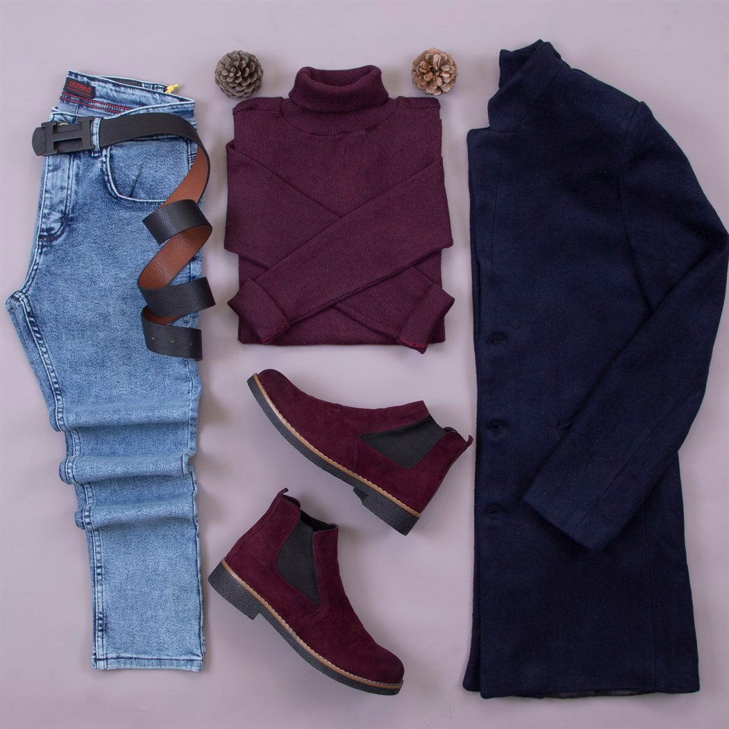 Lacivert Uzun Kaşe Kaban Kazak Pantolon Bot Kombin