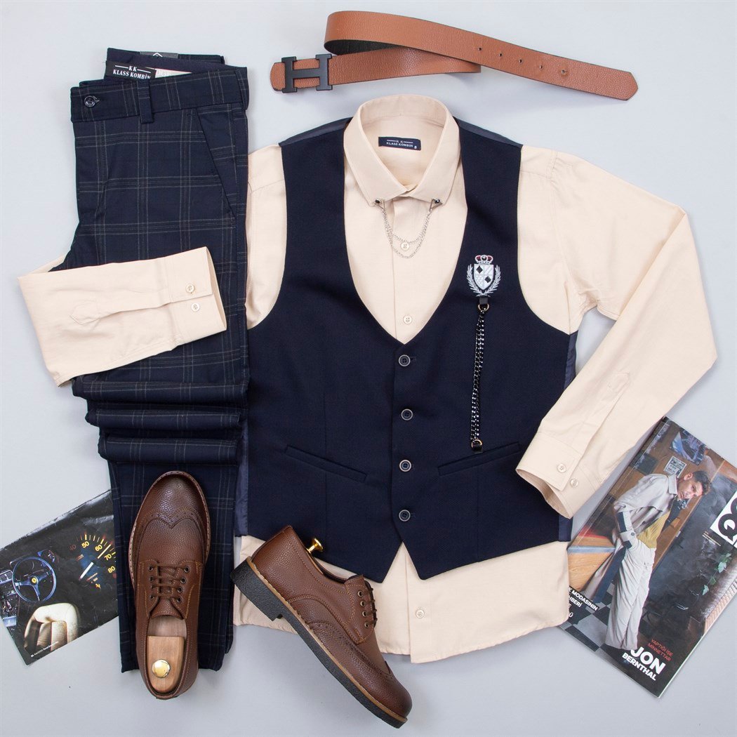 Lacivert Zincirli Yelek Gömlek Pantolon Ayakkabı Kombin