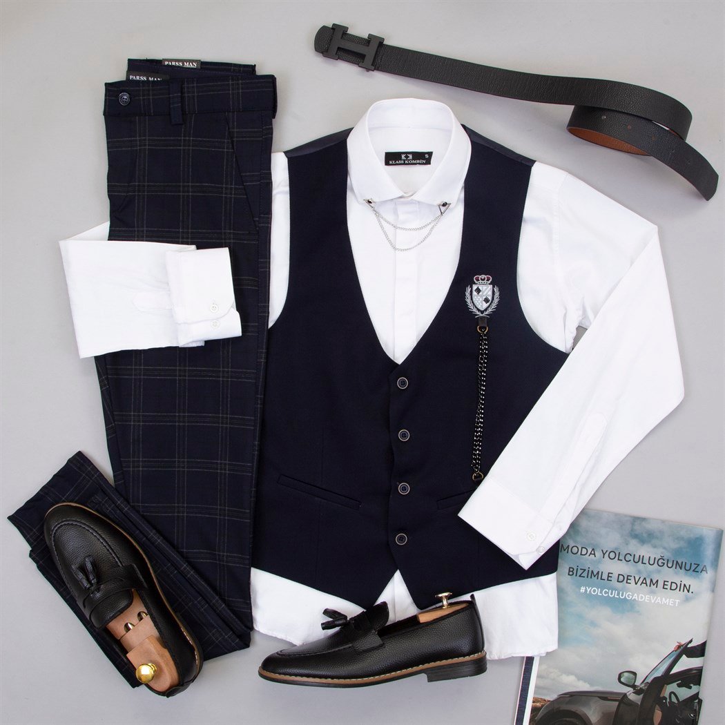 Lacivert Zincirli Yelek Gömlek Pantolon Ayakkabı Kombin