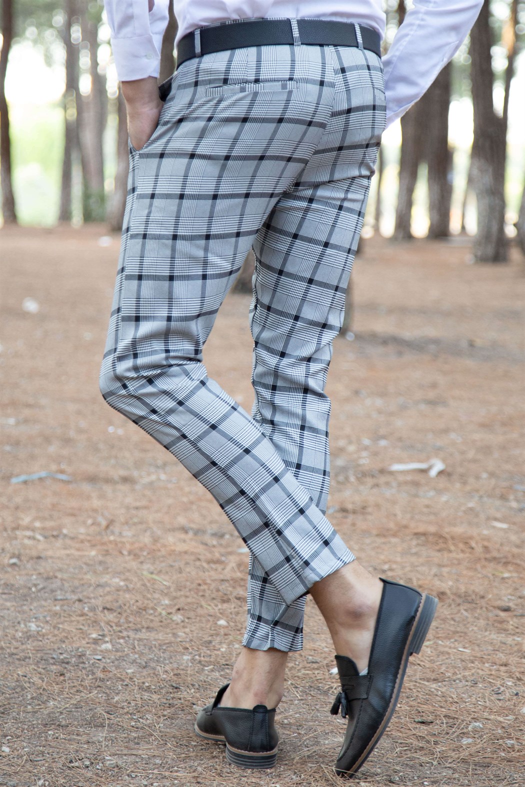 Likralı gri üzerine siyah ekoseli kumaş pantolon