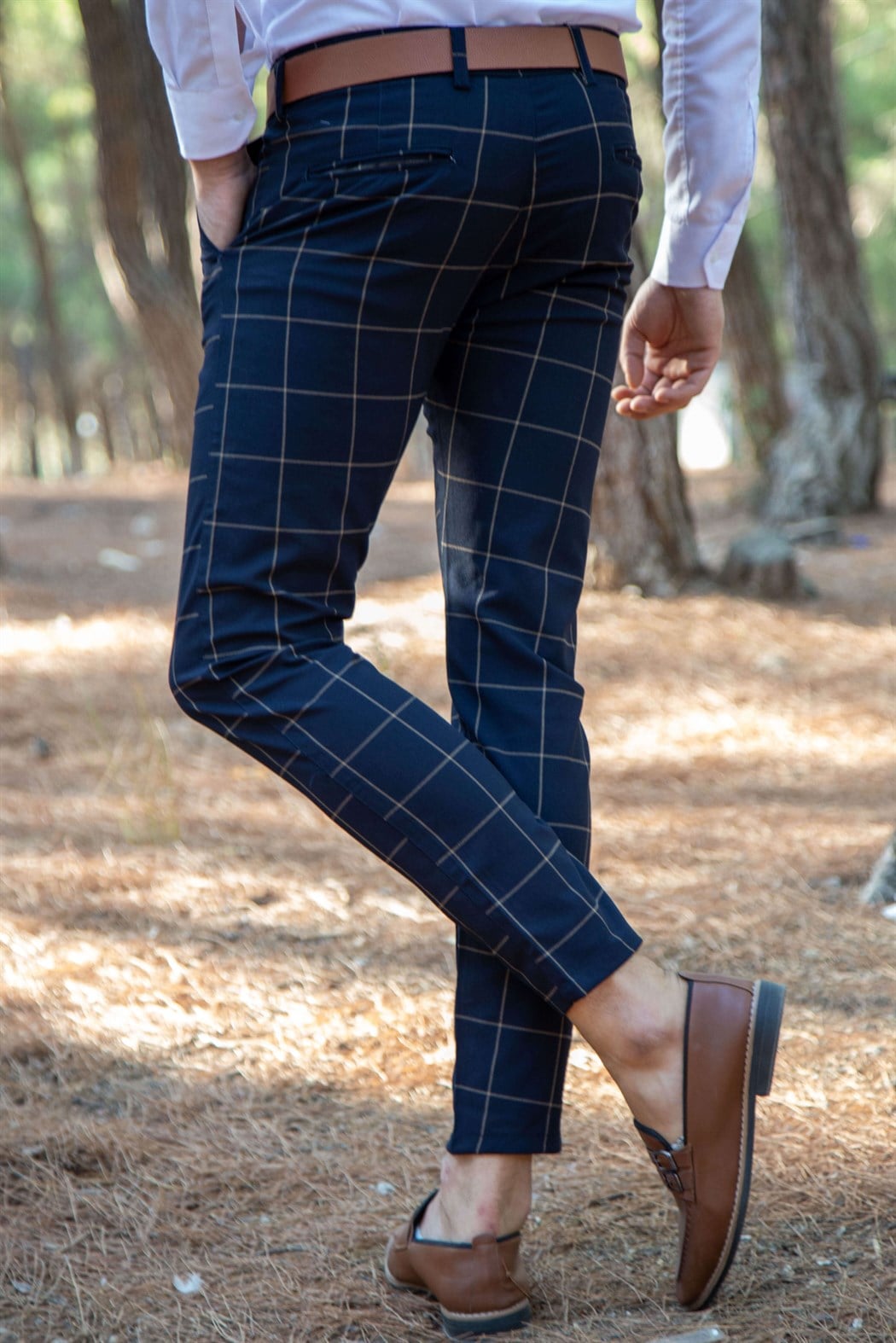 Likralı sarı ekoseli lacivert pantolon