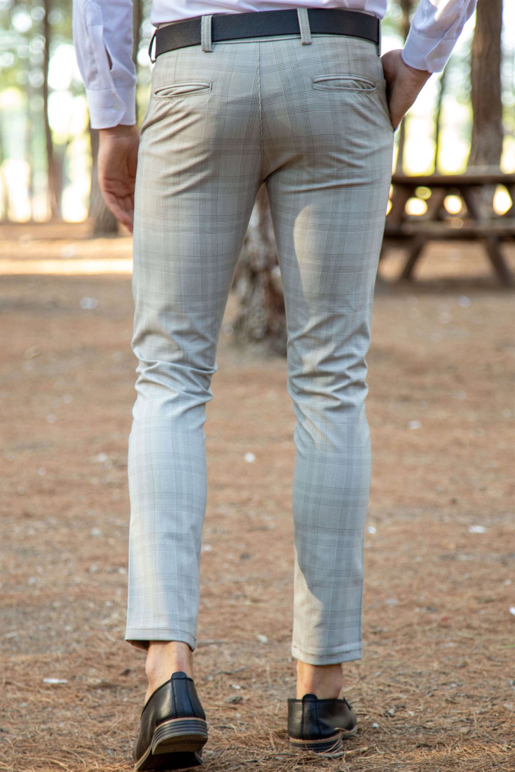 Likralı slim fit yan cep detaylı ekoseli bej pantolon