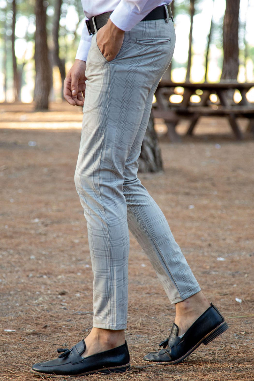 Likralı slim fit yan cep detaylı ekoseli bej pantolon