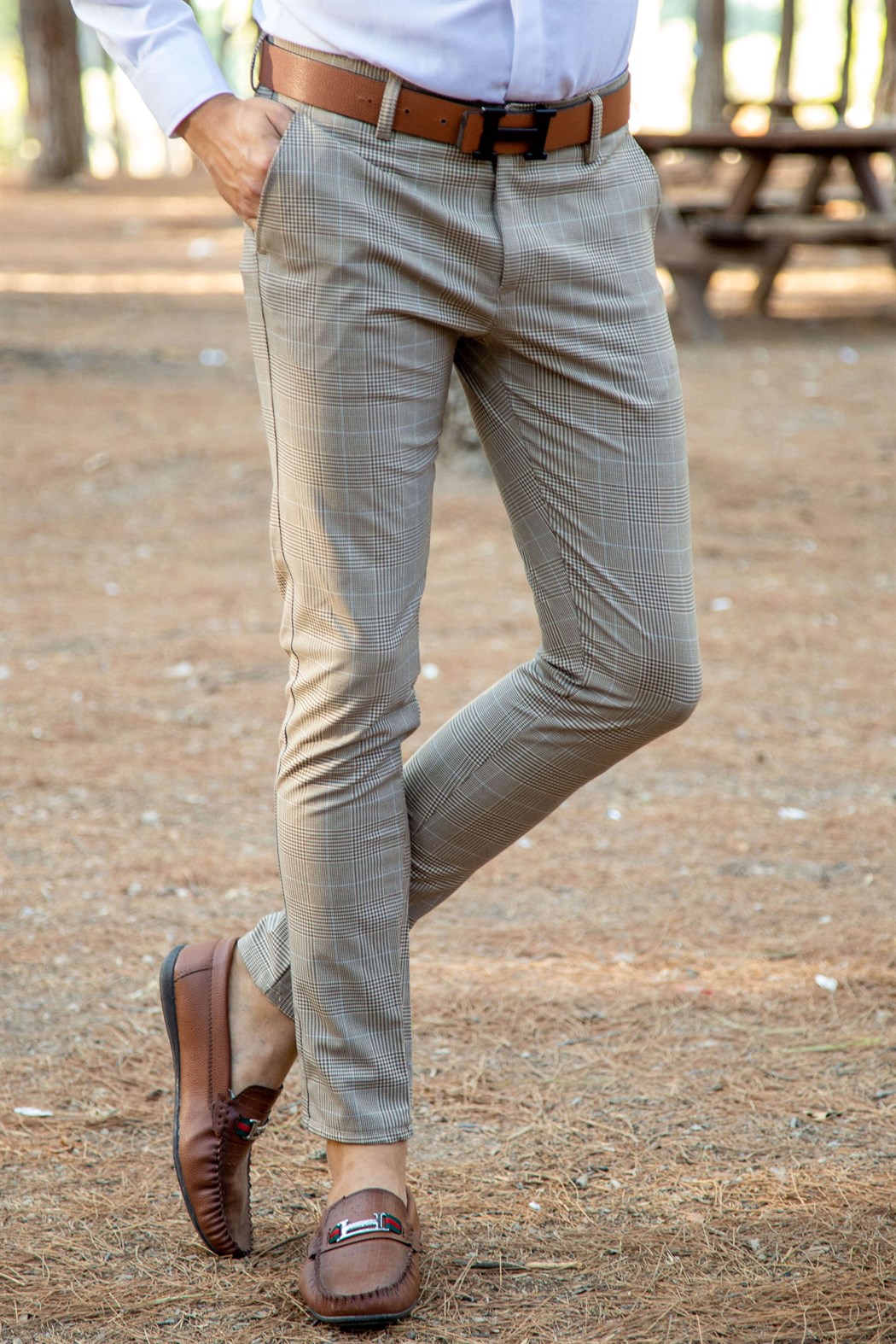 Likralı slim fit yan cep detaylı ekoseli pantolon