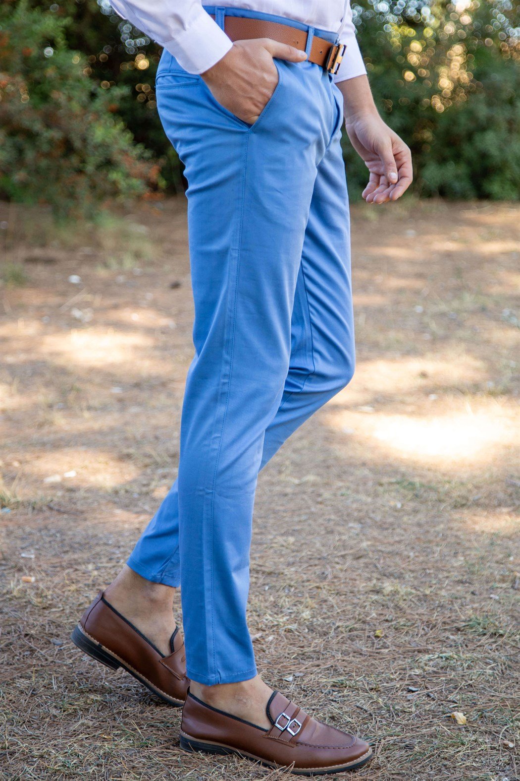 Likralı yan cep detaylı mavi kumaş pantolon