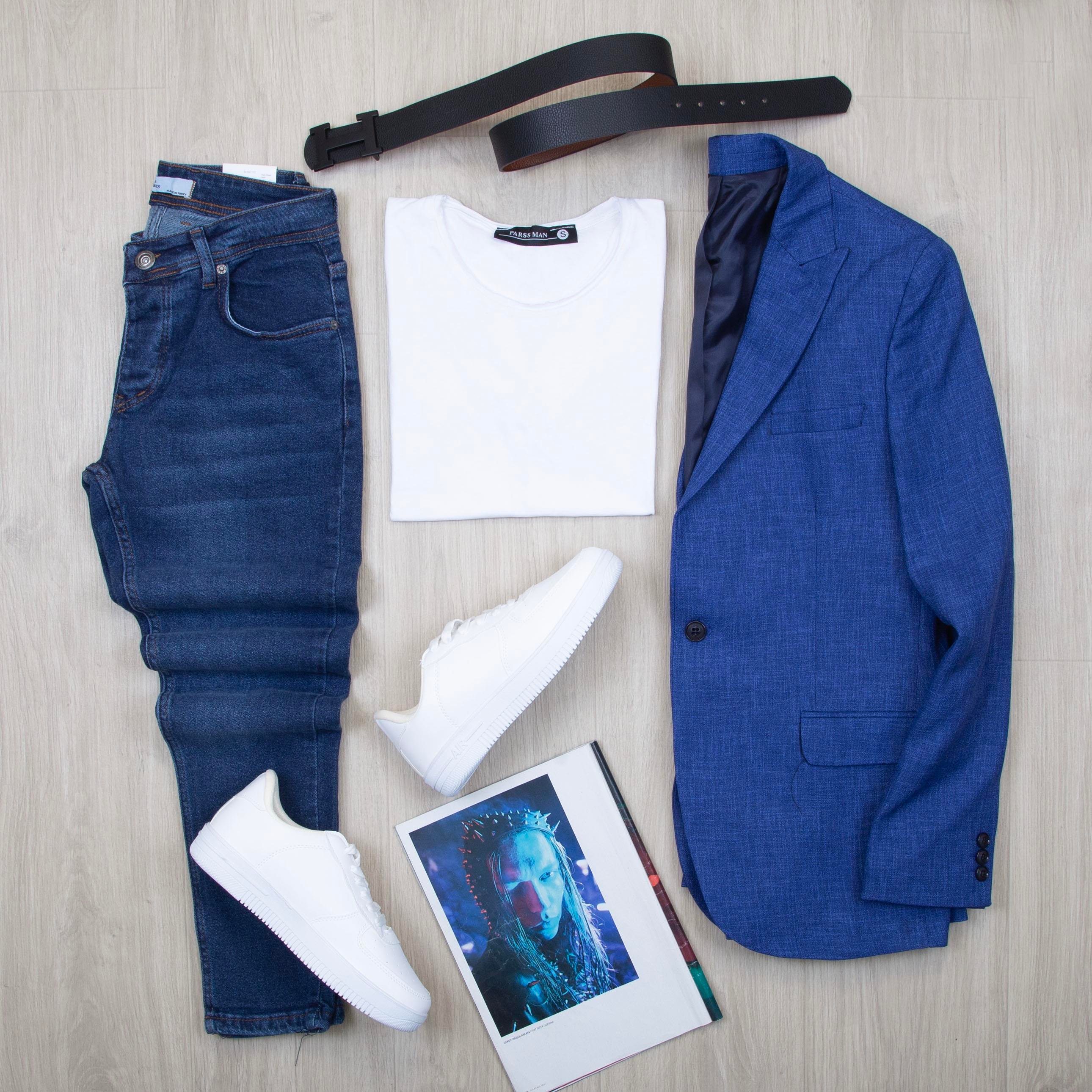 Mavi Blazer Ceket Tişört Pantolon Ayakkabı Kombin