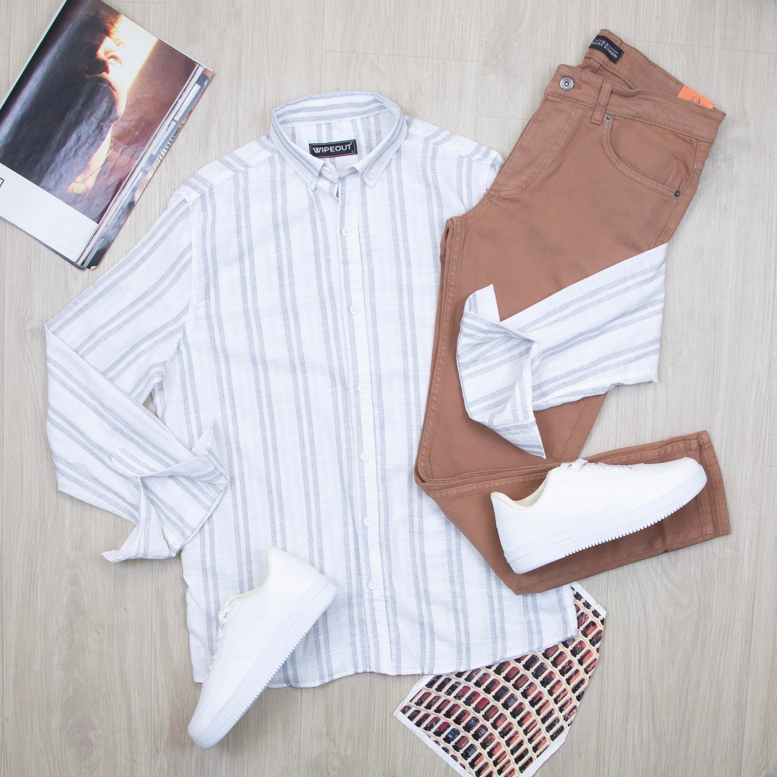 Mavi çizgili Gömlek Pantolon Ayakkabı Kombin