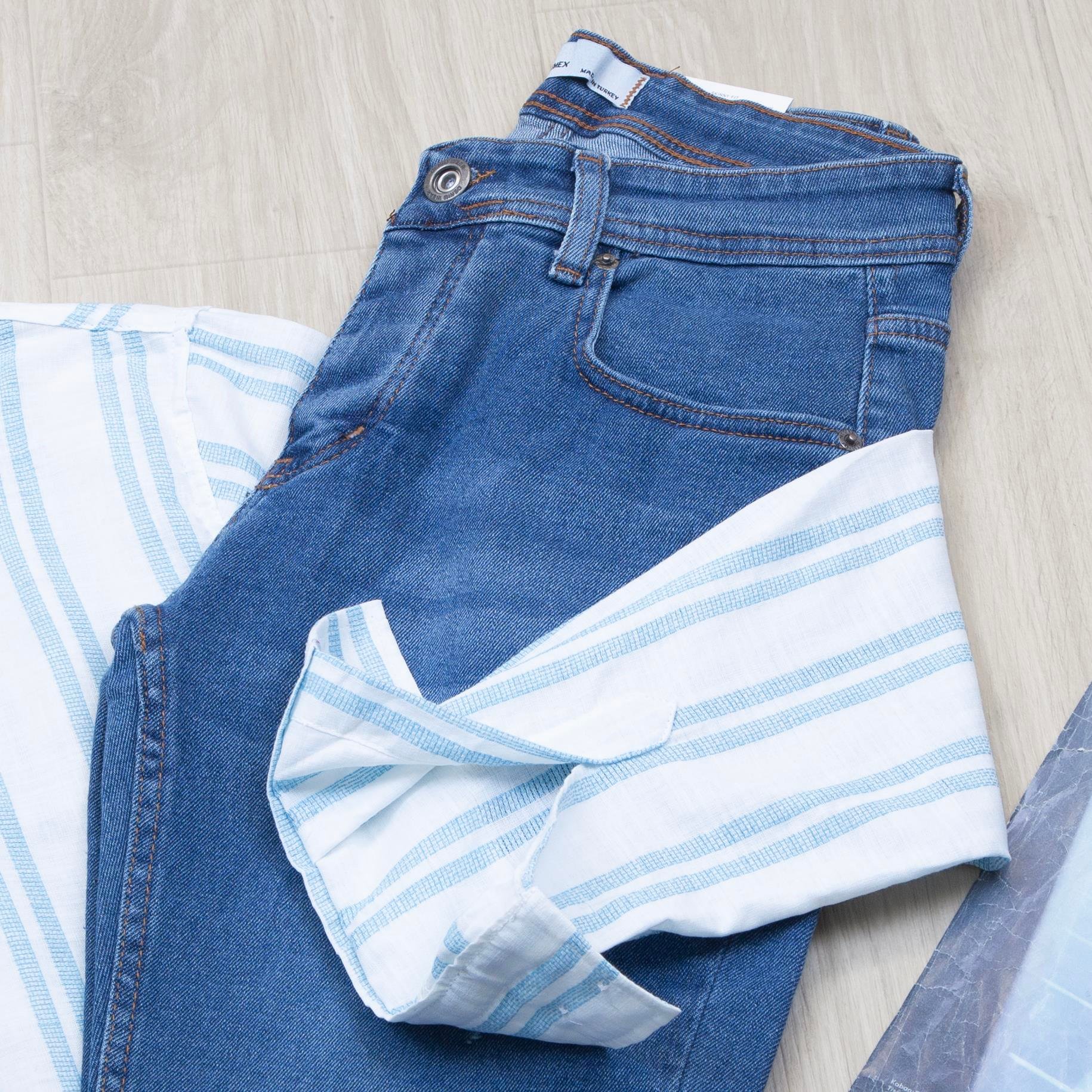 Mavi çizgili Gömlek Pantolon Ayakkabı Kombin