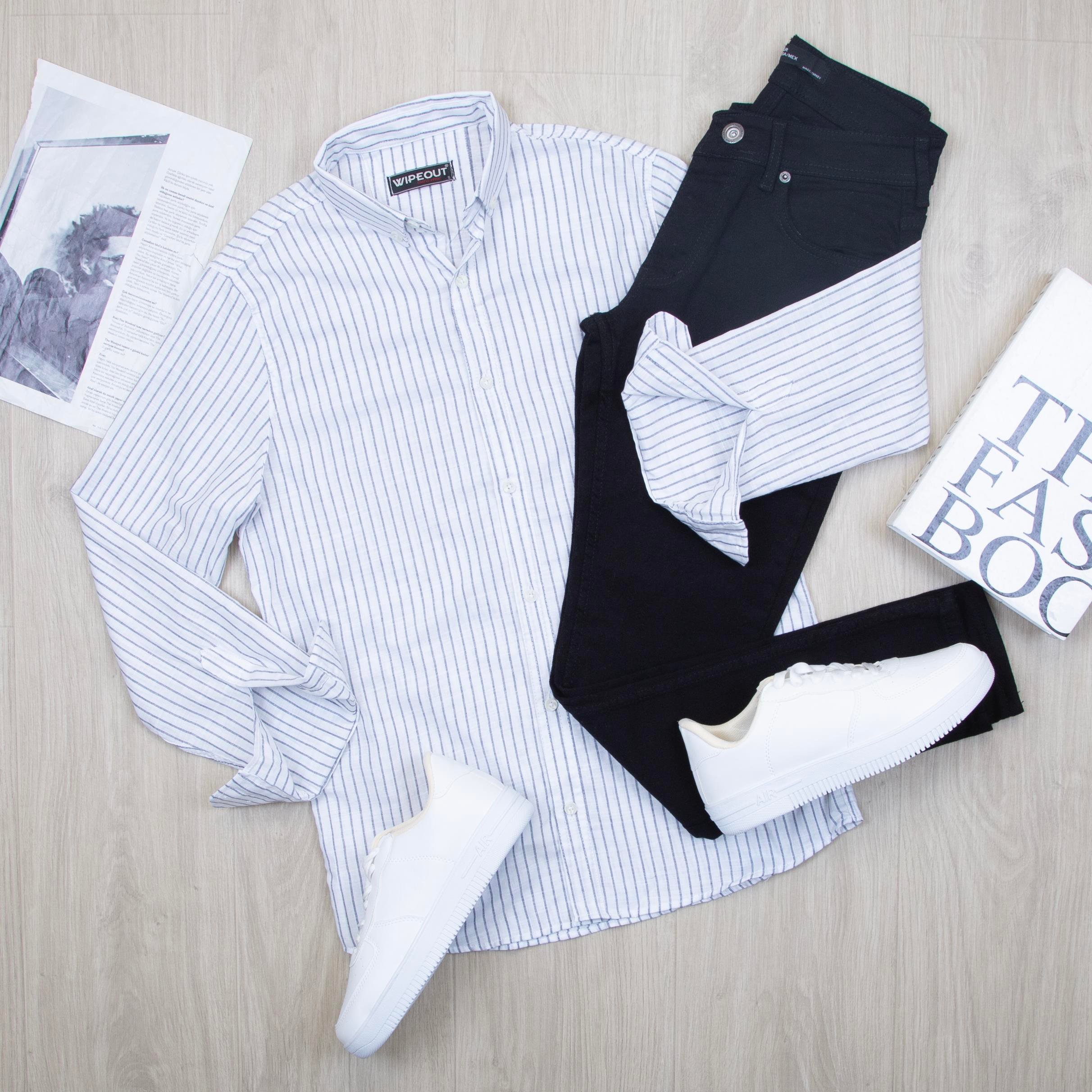 Mavi çizgili Gömlek Pantolon Ayakkabı Kombin