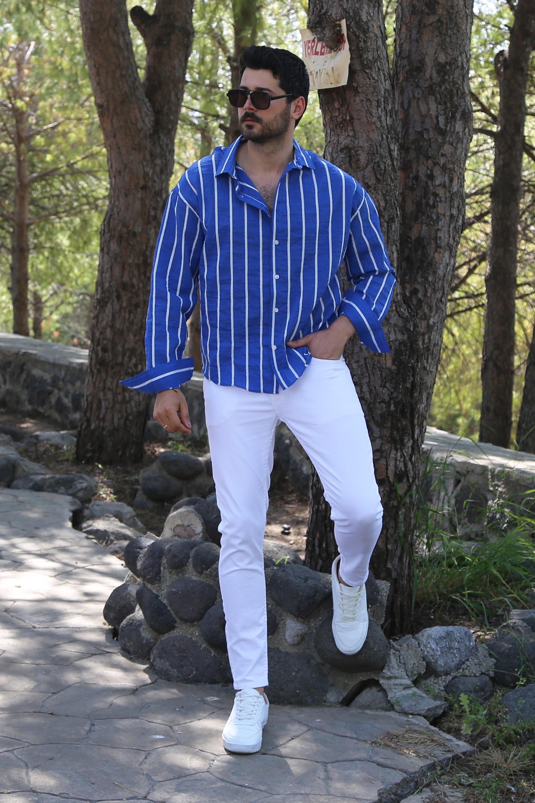 Mavi Çizgili Gömlek Pantolon Ayakkabı Kombin