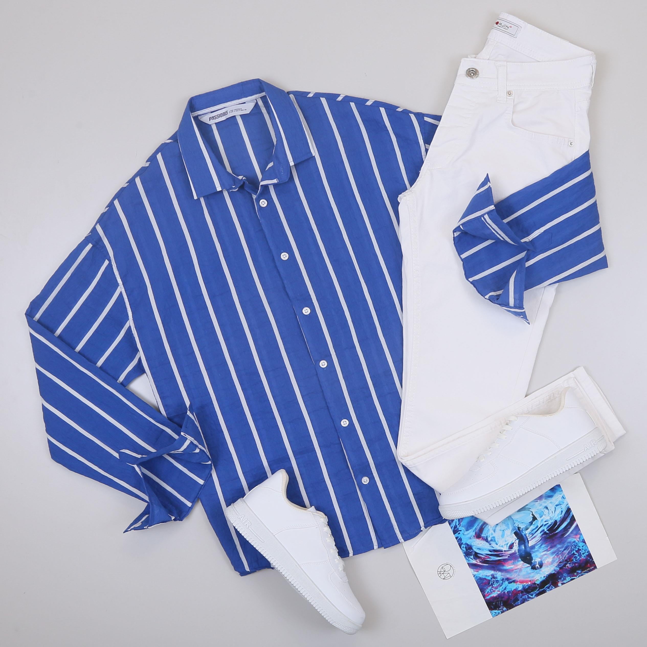 Mavi Çizgili Gömlek Pantolon Ayakkabı Kombin