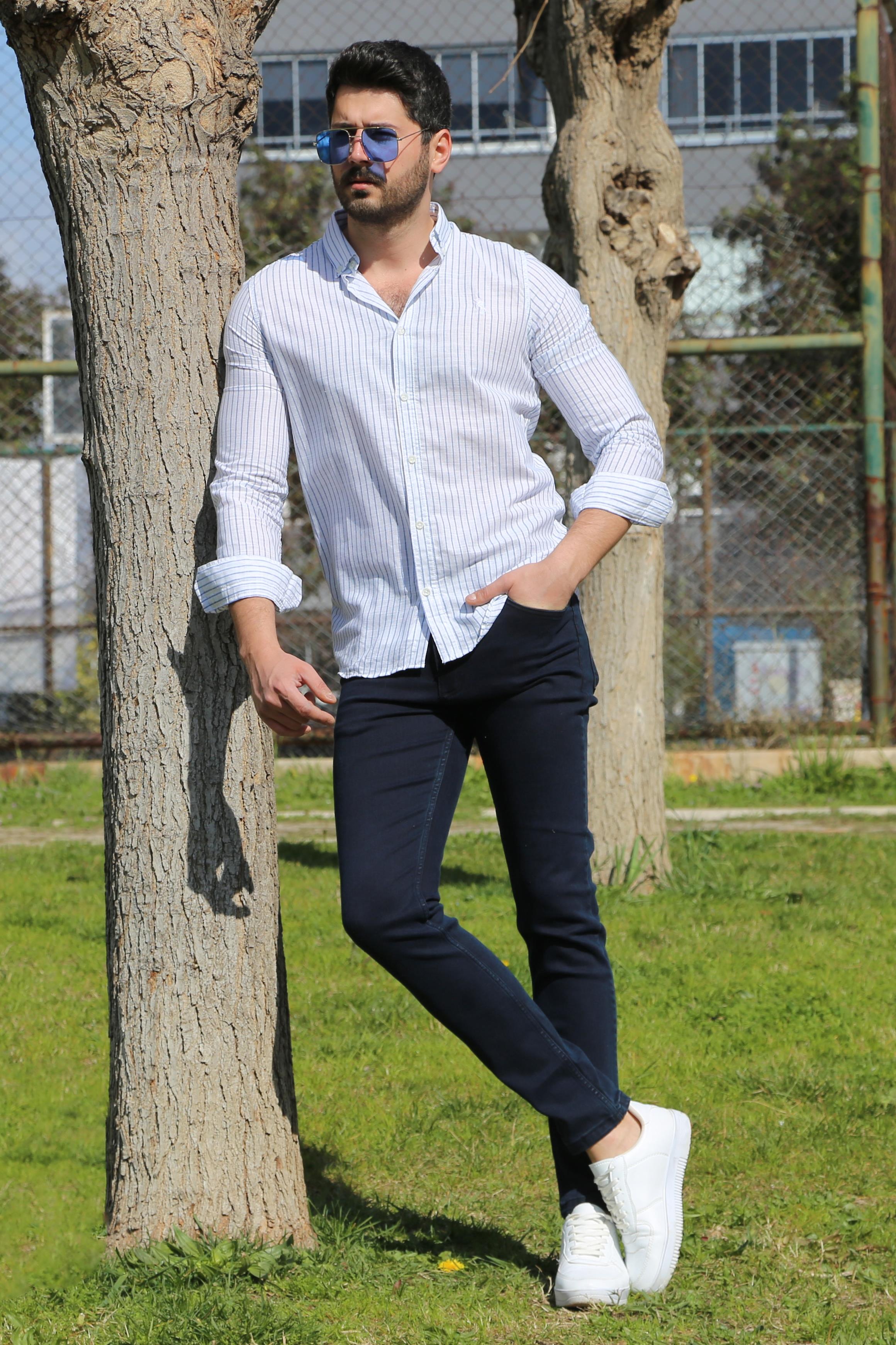 Mavi Çizgili Gömlek Pantolon Ayakkabı Kombin