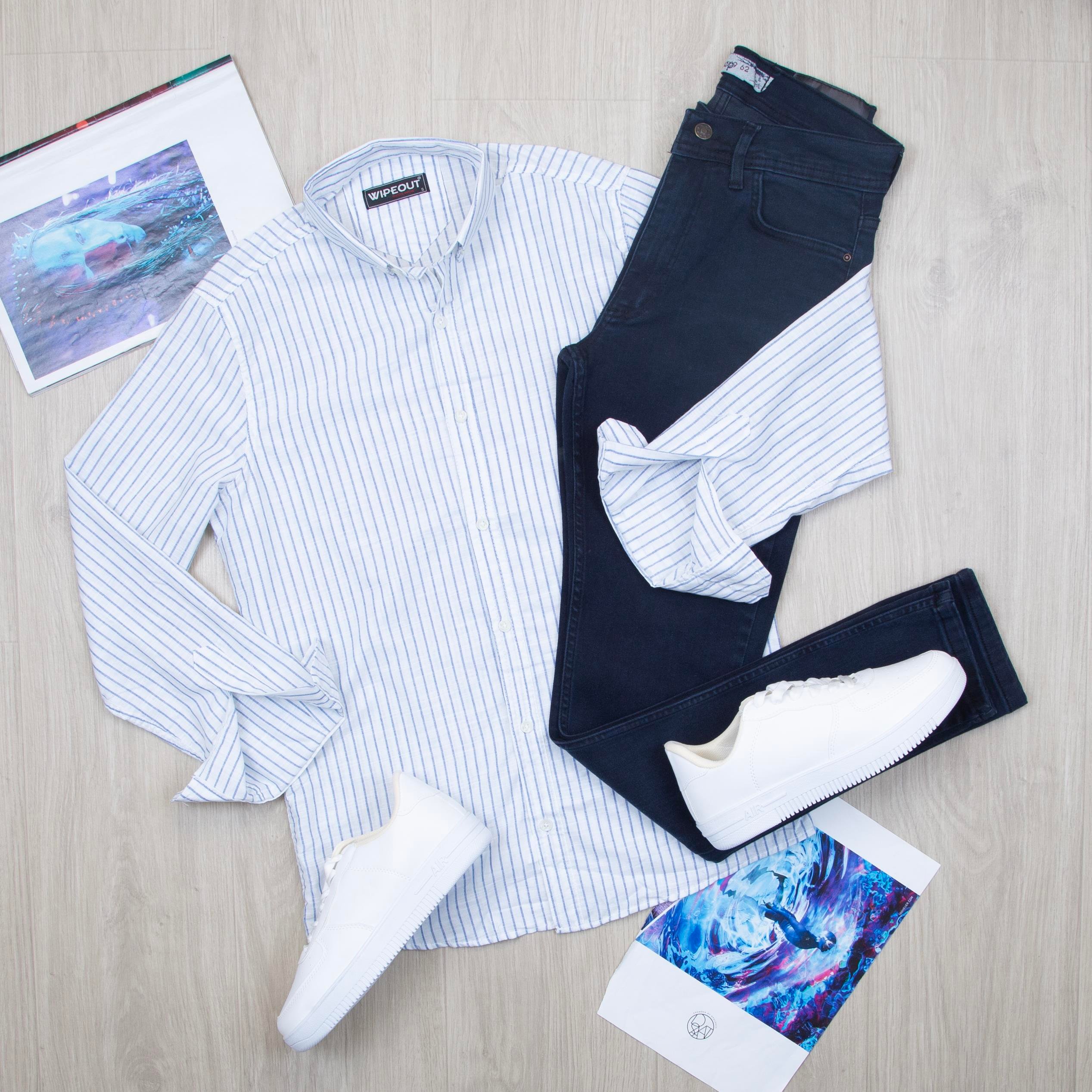 Mavi çizgili Gömlek Pantolon Ayakkabı Kombin