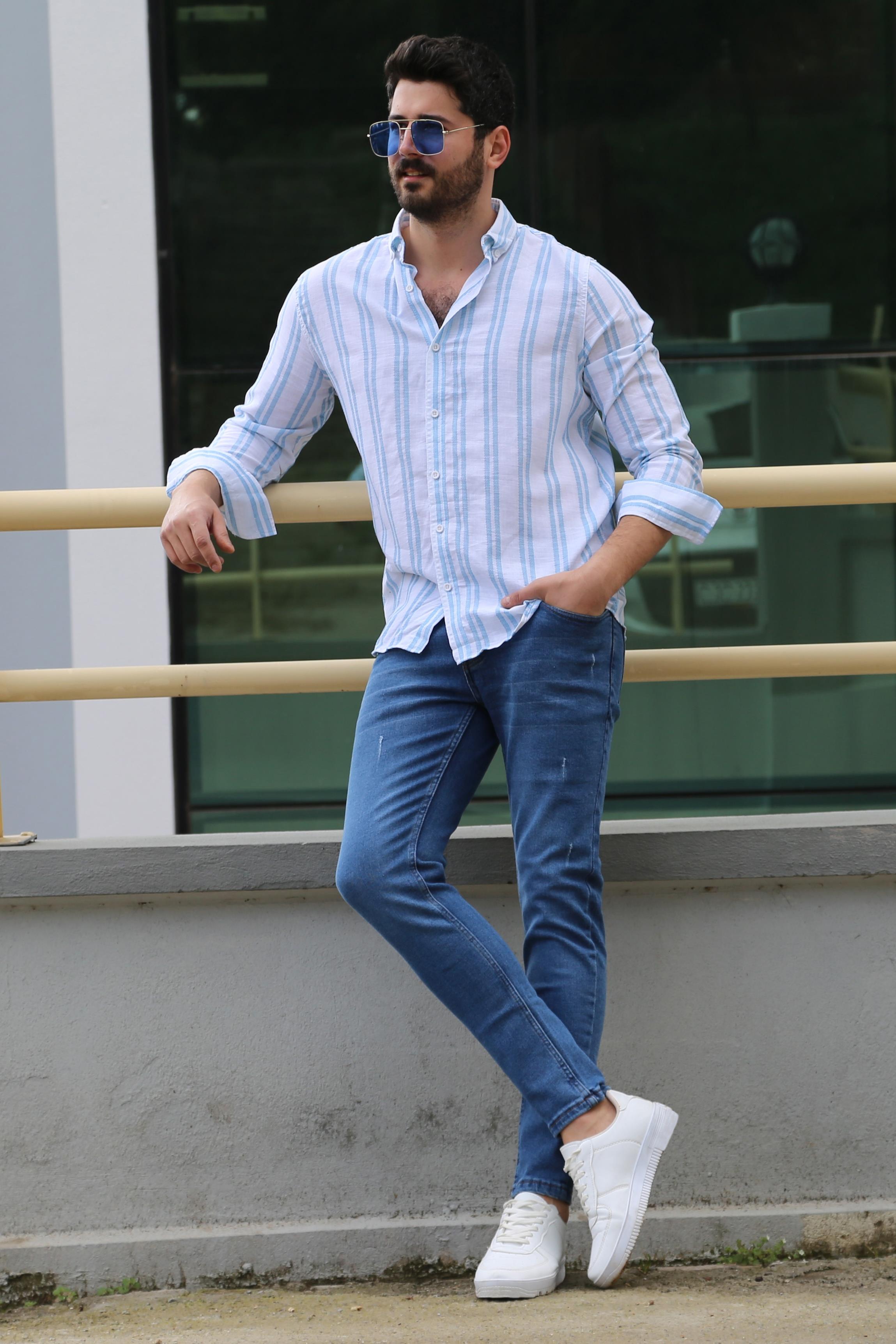 Mavi çizgili Gömlek Pantolon Ayakkabı Kombin