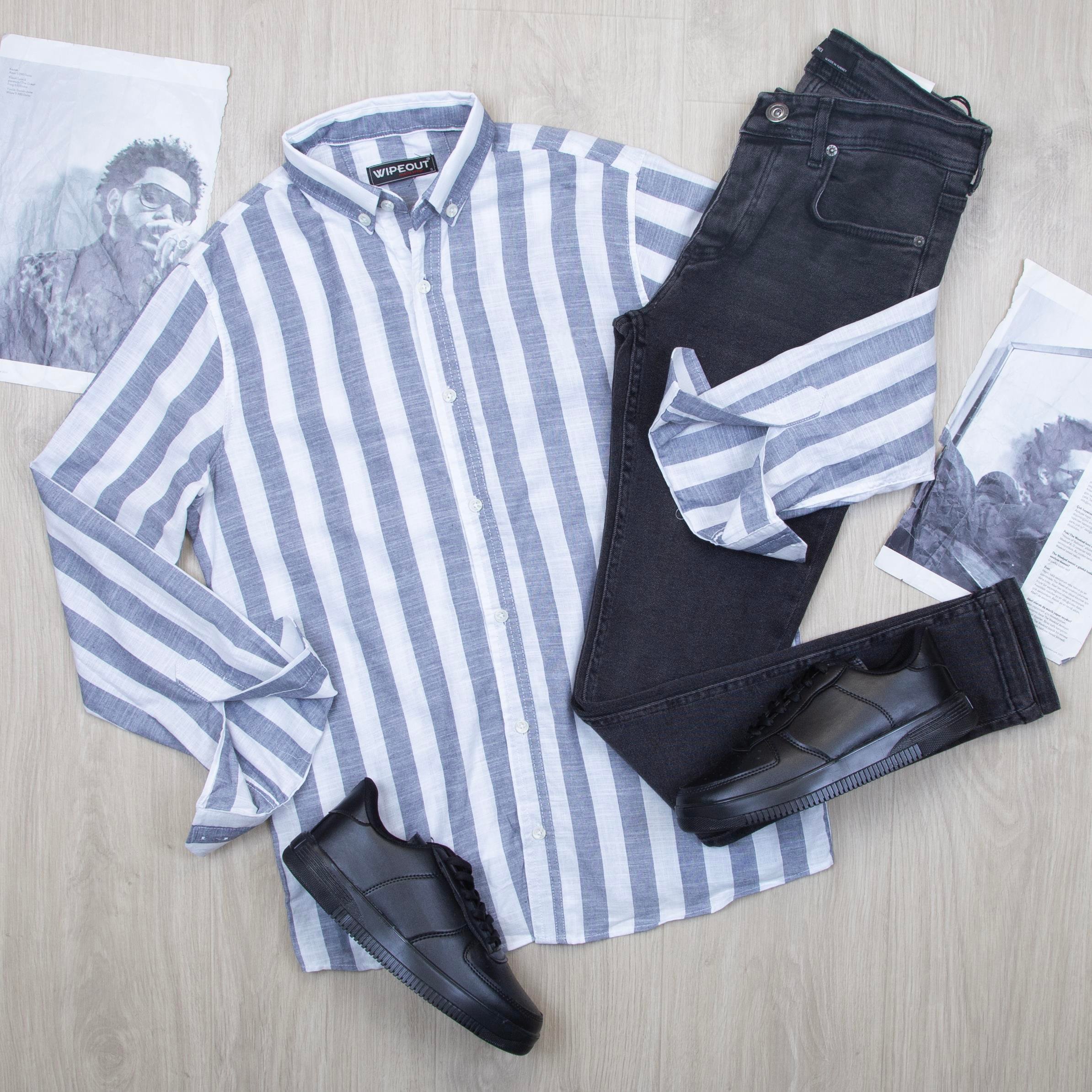Mavi çizgili Gömlek Pantolon Ayakkabı Kombin
