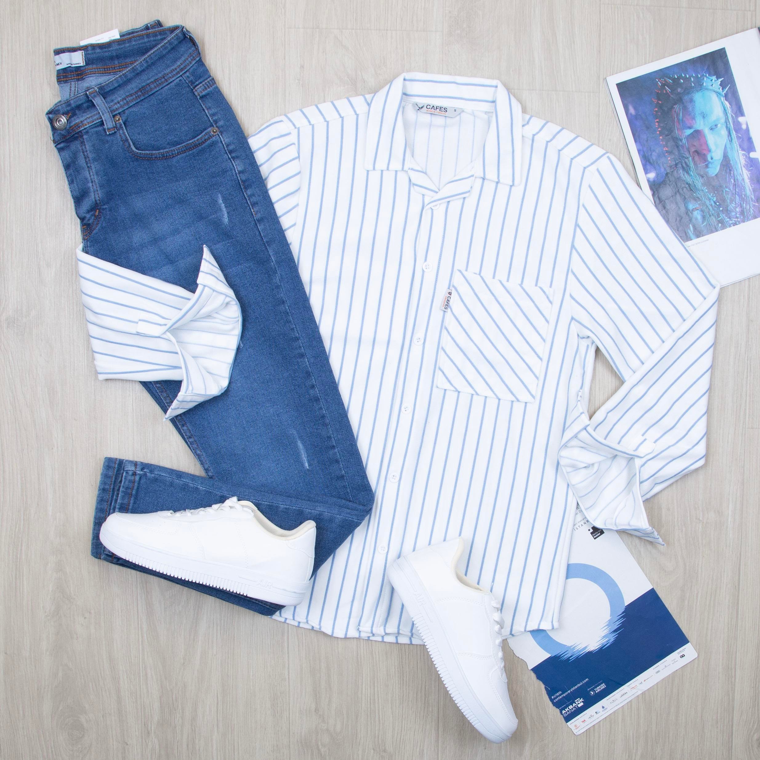 Mavi Çizgili Gömlek Pantolon Ayakkabı Kombin