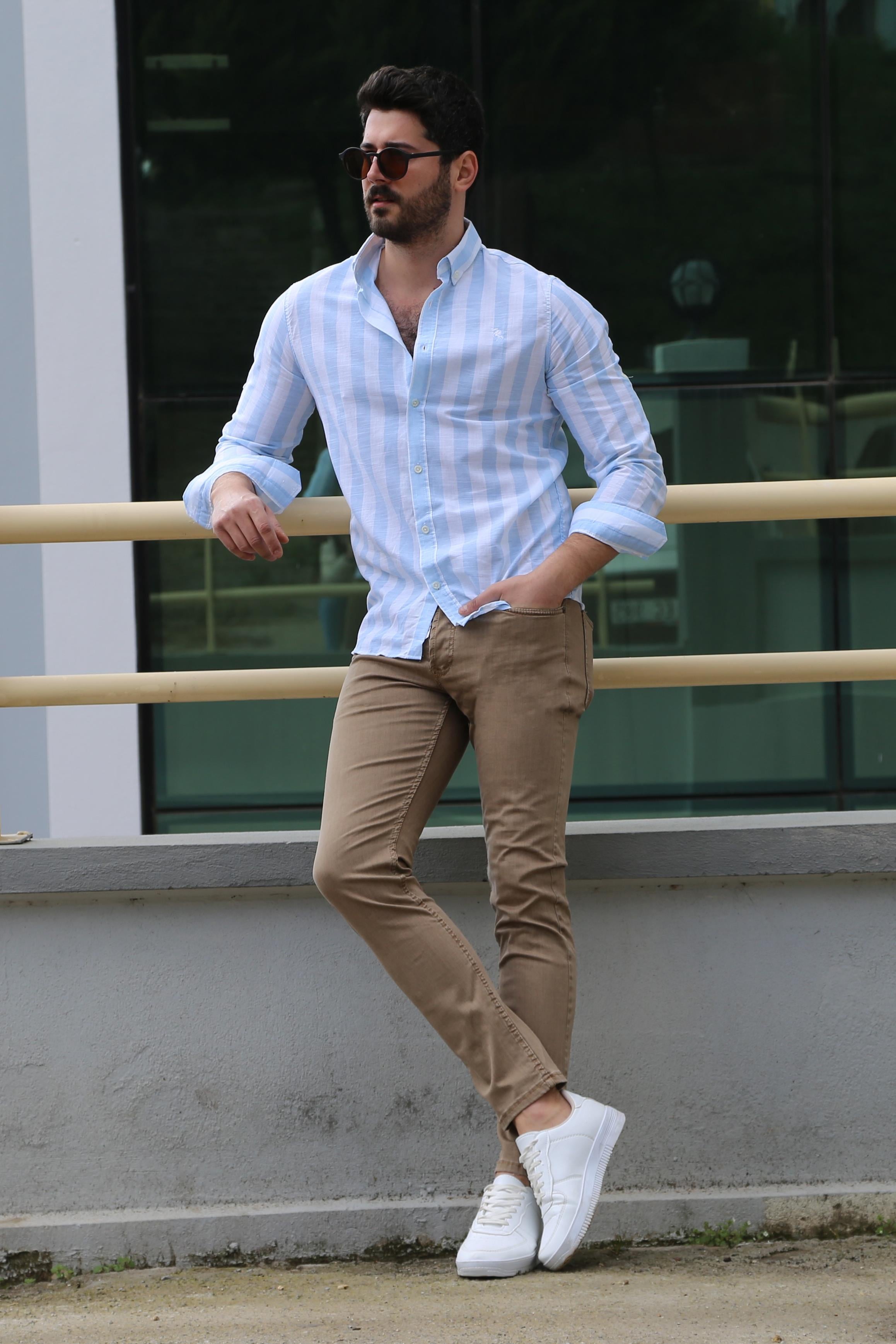 Mavi Çizgili Gömlek Pantolon Ayakkabı Kombin