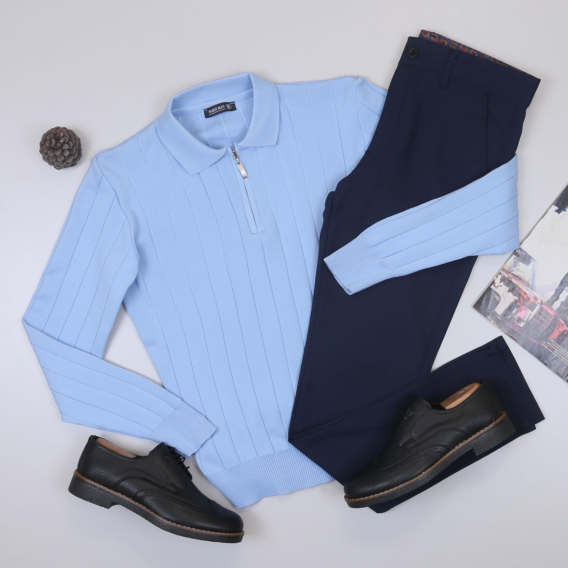 Mavi Çizgili Triko Polo Yaka Pantolon Ayakkabı Kombin