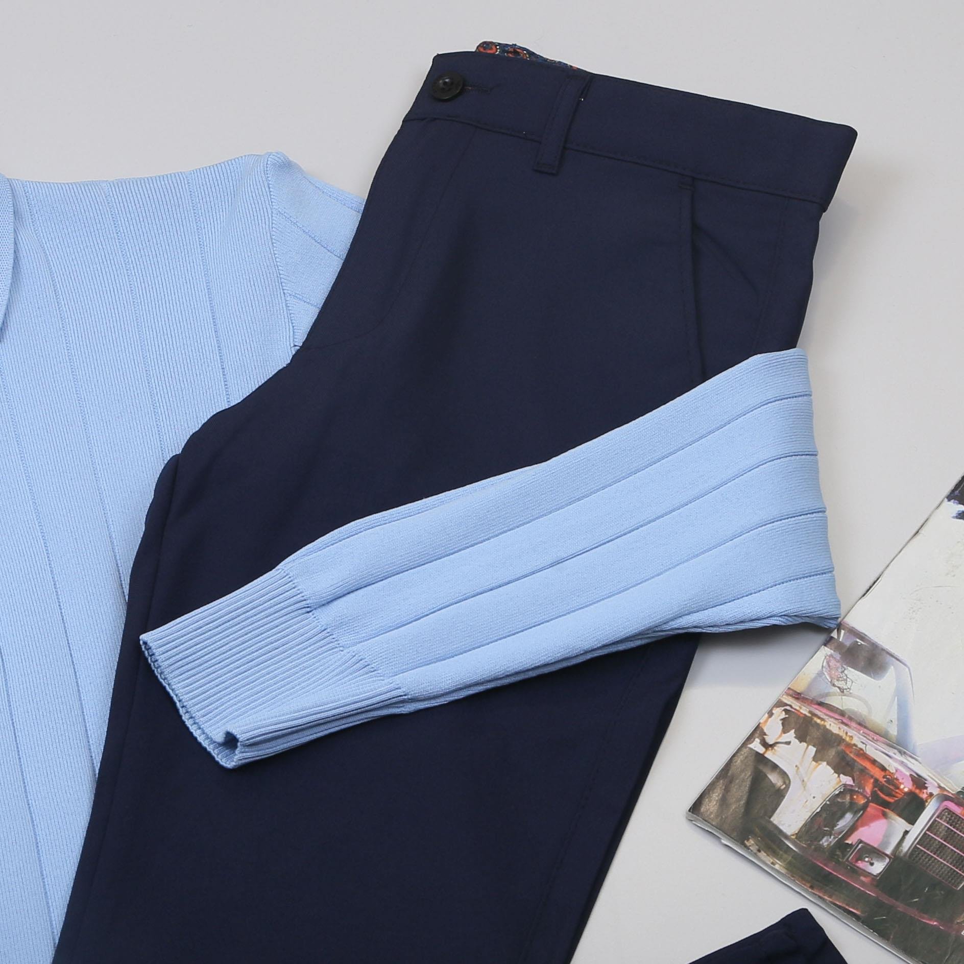 Mavi Çizgili Triko Polo Yaka Pantolon Ayakkabı Kombin