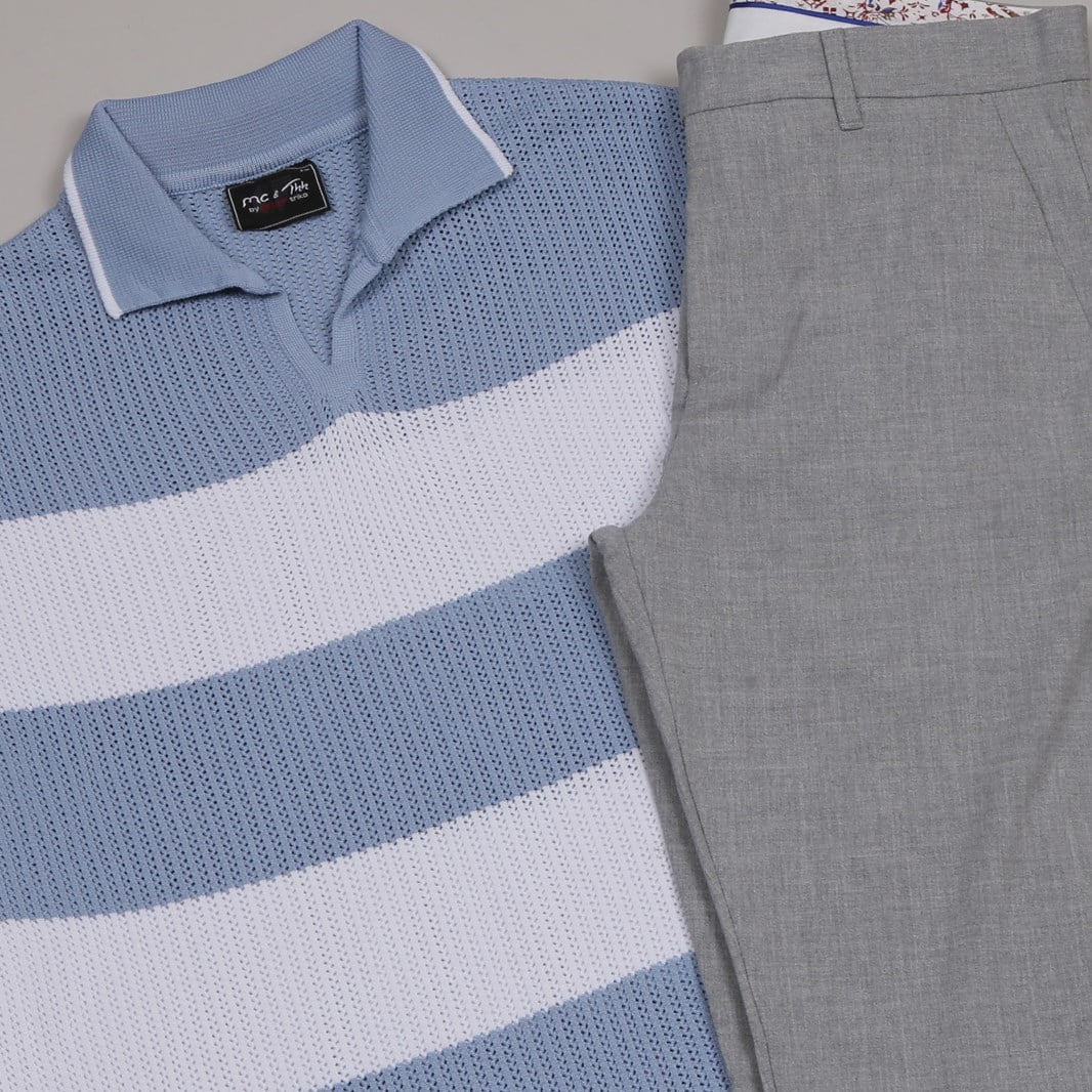 mavi çizgili Triko Polo Yaka Tişört gri kumaş  pantolon  ayakkabı Kombin