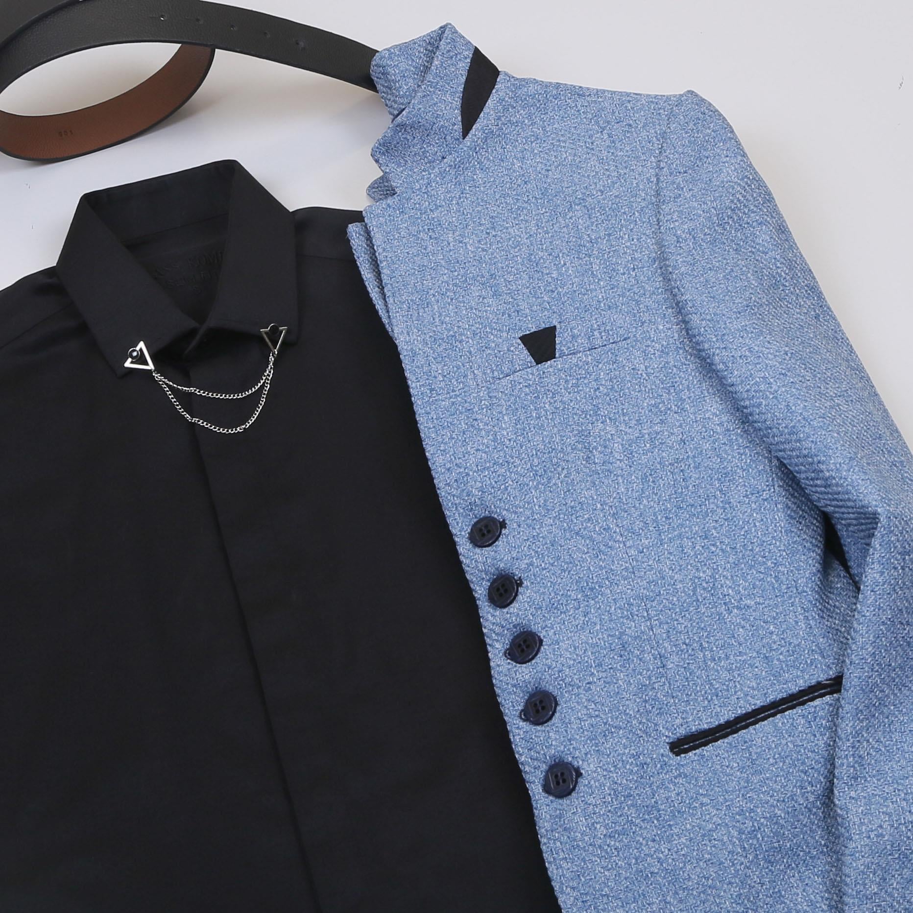 Mavi Dik Yaka Blazer Ceket Gömlek Pantolon Ayakkabı Kombin