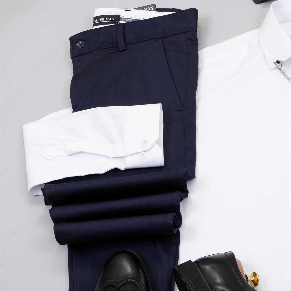 Mavi Dik Yaka Blazer Ceket Gömlek Pantolon Ayakkabı Kombin