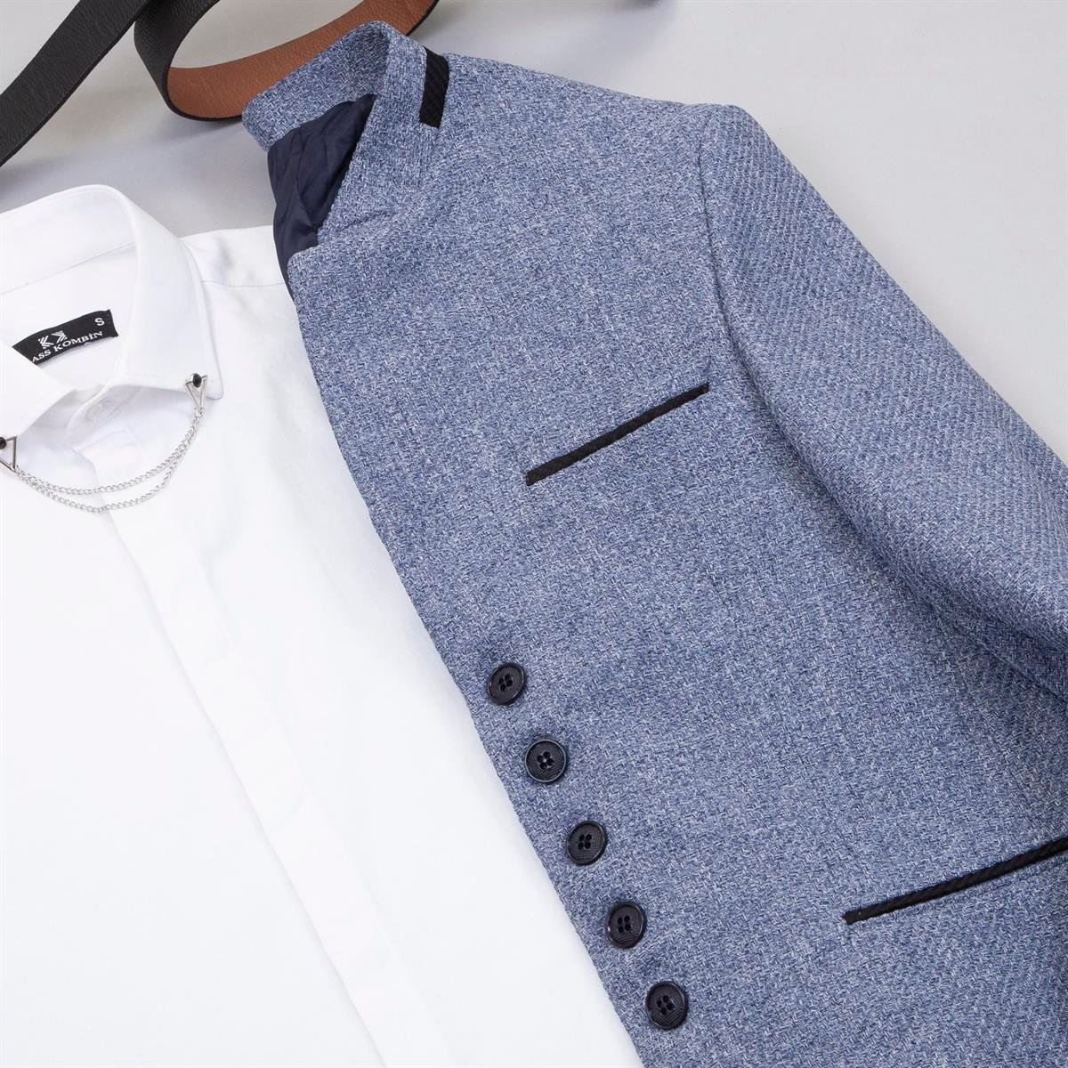 Mavi Dik Yaka Blazer Ceket Gömlek Pantolon Ayakkabı Kombin