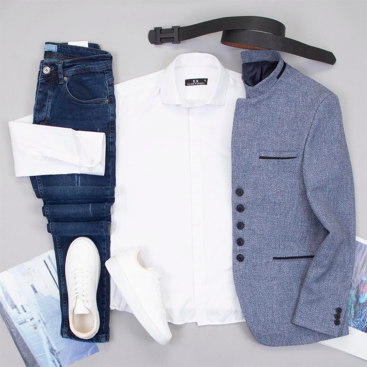 Mavi Dik Yaka Blazer Ceket Gömlek Pantolon Ayakkabı Kombin