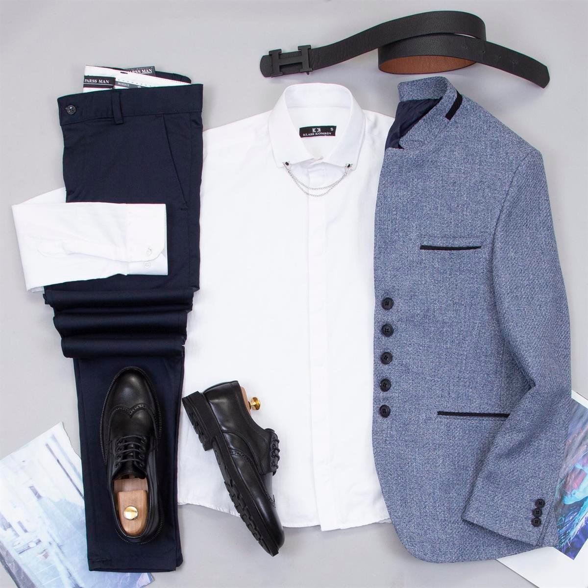 Mavi Dik Yaka Blazer Ceket Gömlek Pantolon Ayakkabı Kombin