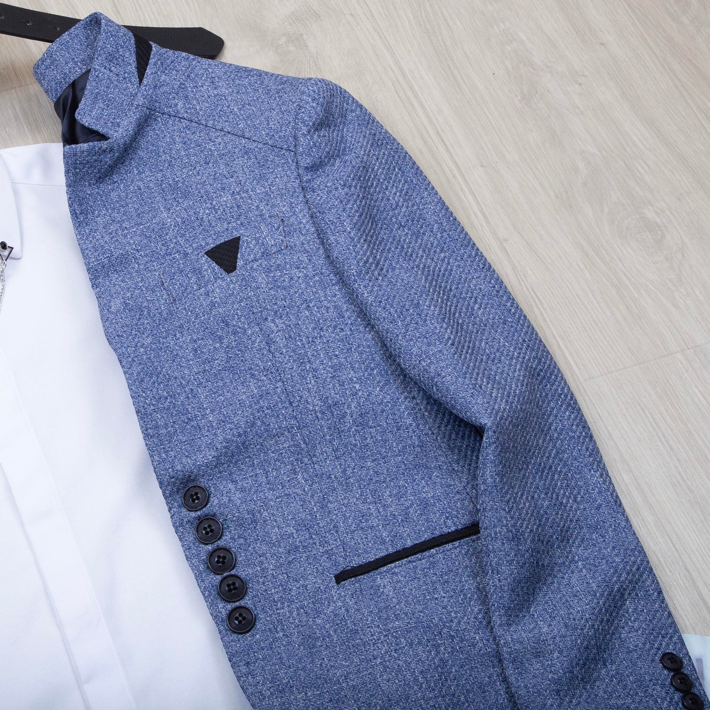 Mavi Dik Yaka Blazer Ceket Gömlek Pantolon Ayakkabı Kombin