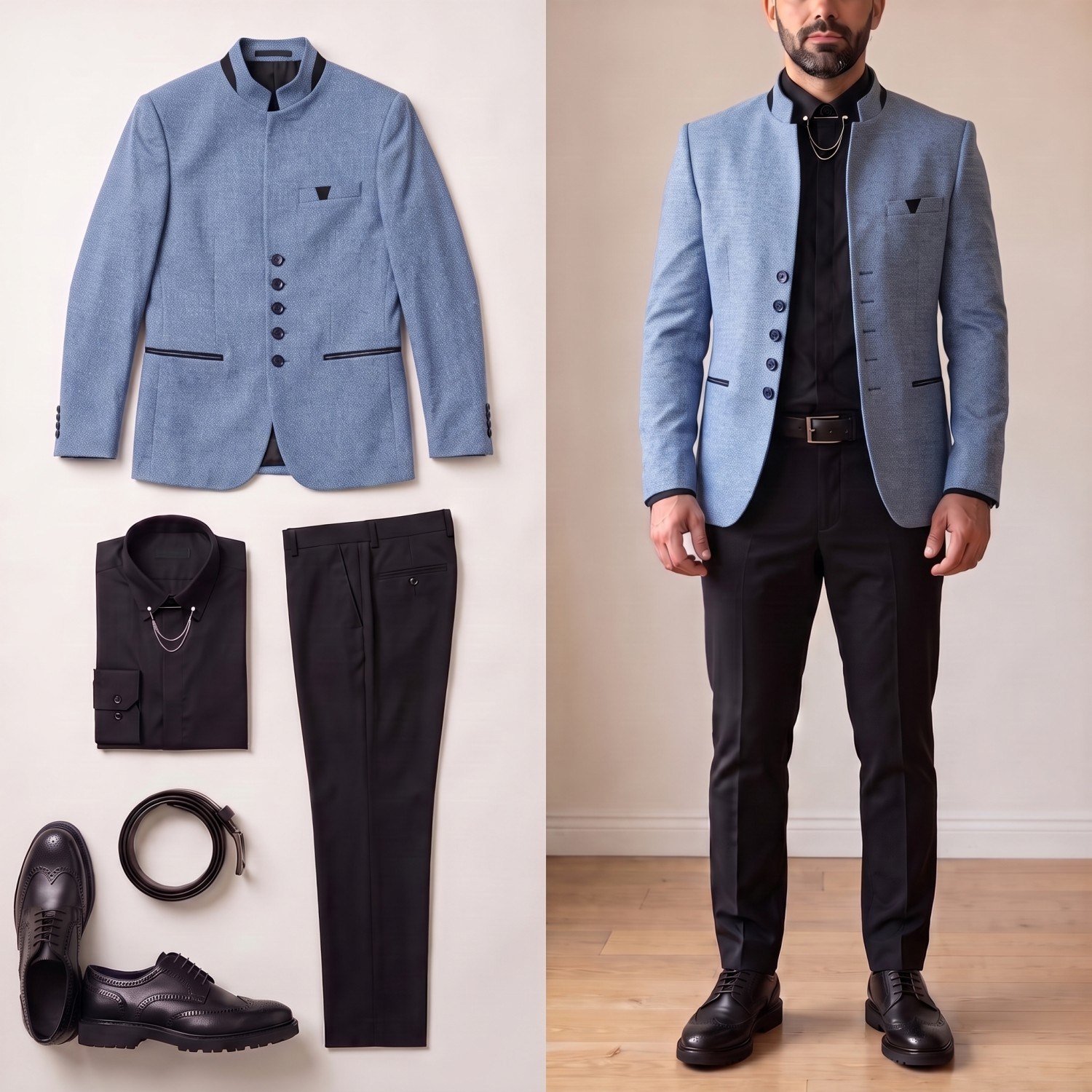 Mavi Dik Yaka Blazer Ceket Kombini Erkek | Slim Fit Şık Komple Set 