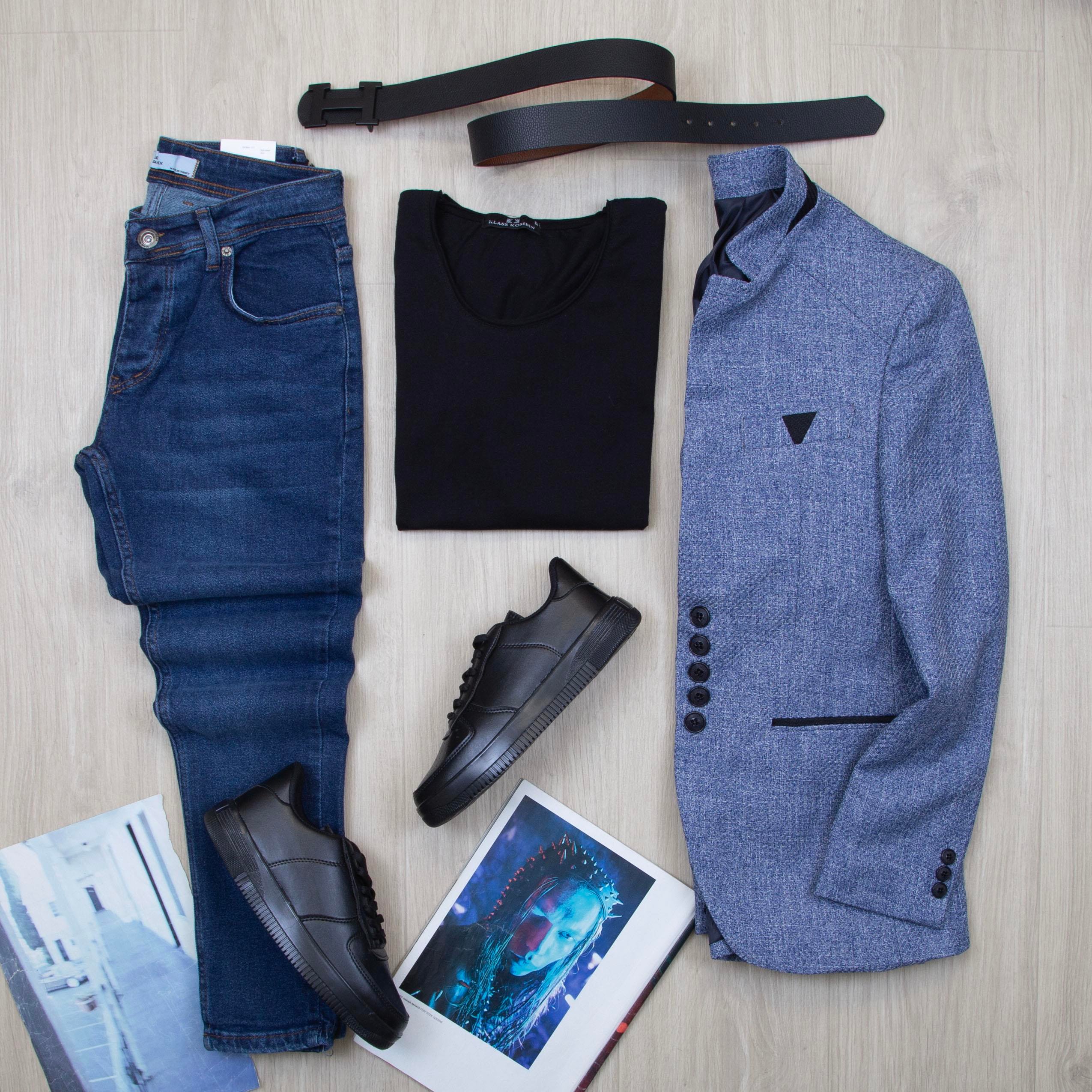 Mavi Dik Yaka Blazer Ceket Tişört Pantolon Ayakkabı Kombin