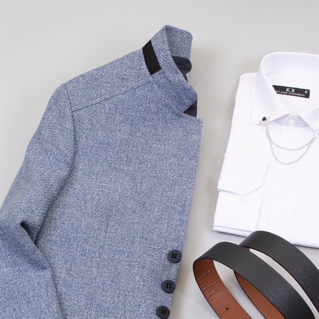 Mavi Dik Yaka Ceket Gömlek Pantolon Ayakkabı