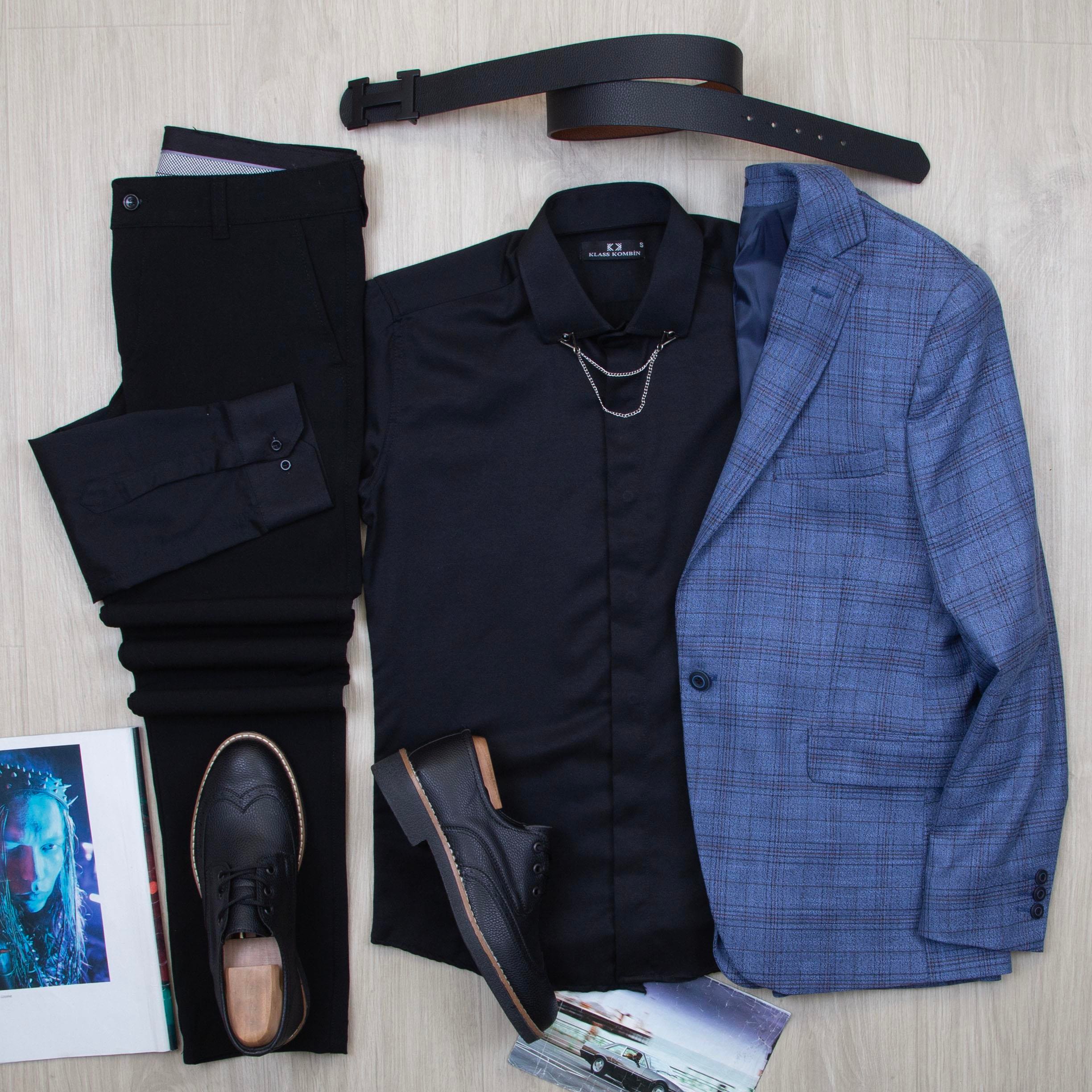 Mavi Ekose Blazer Ceket Gömlek Pantolon Ayakkabı Kombin