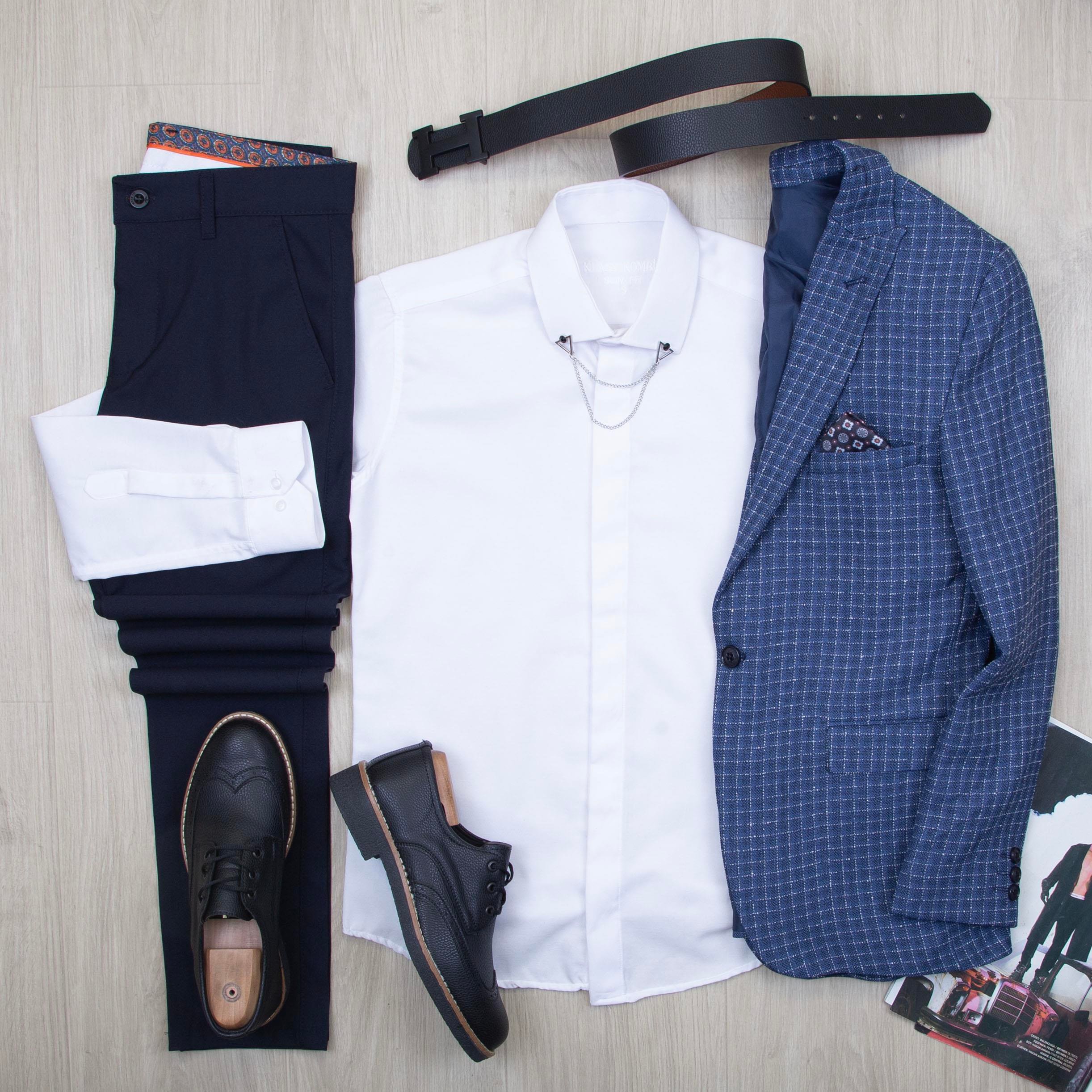 Mavi Ekose Blazer Ceket Gömlek Pantolon Ayakkabı Kombin