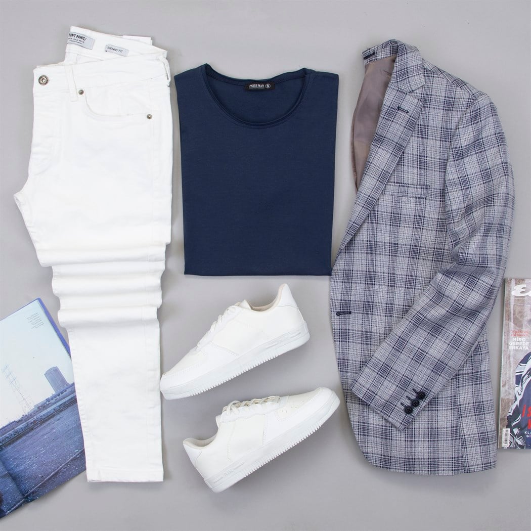 Mavi Ekose Blazer Ceket Tişört Pantolon Ayakkabı Kombin
