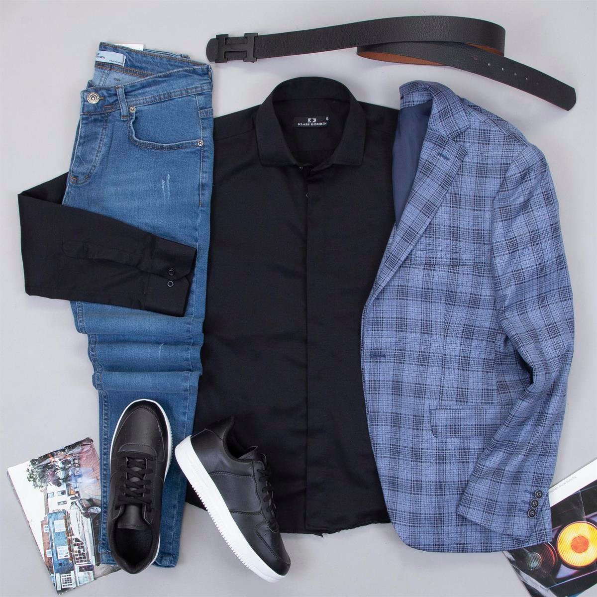 Mavi Ekoseli Blazer Ceket Gömlek Pantolon Ayakkabı Kombin