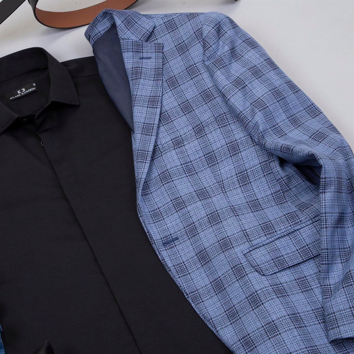 Mavi Ekoseli Blazer Ceket Gömlek Pantolon Ayakkabı Kombin