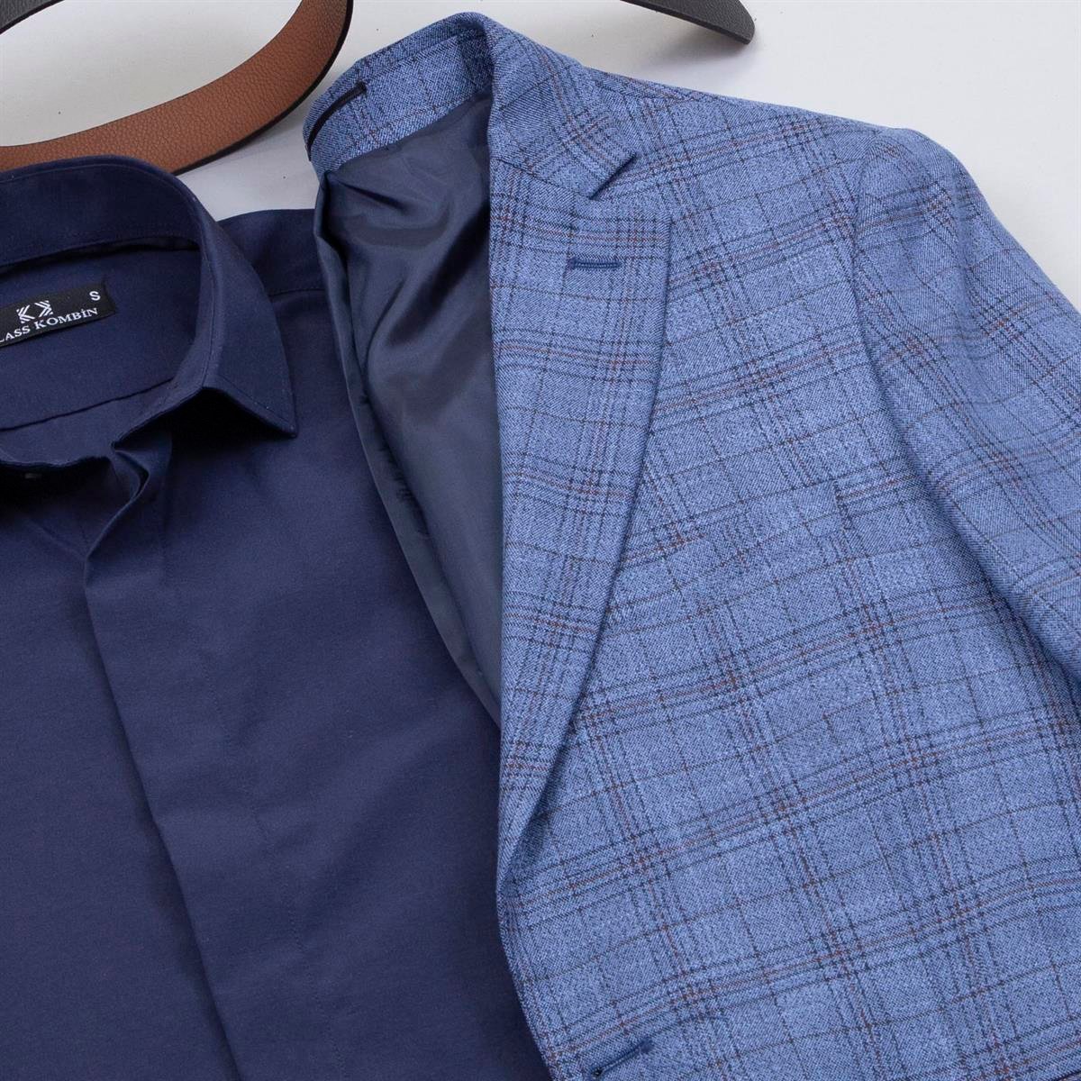 Mavi Ekoseli Blazer Ceket Gömlek Pantolon Ayakkabı Kombin