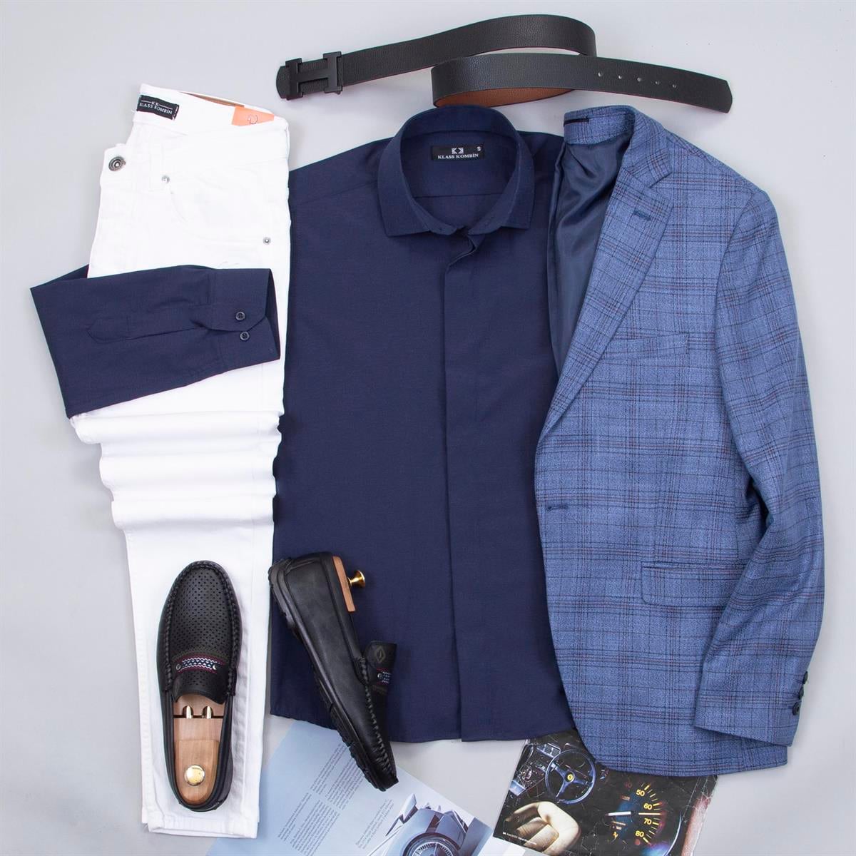 Mavi Ekoseli Blazer Ceket Gömlek Pantolon Ayakkabı Kombin