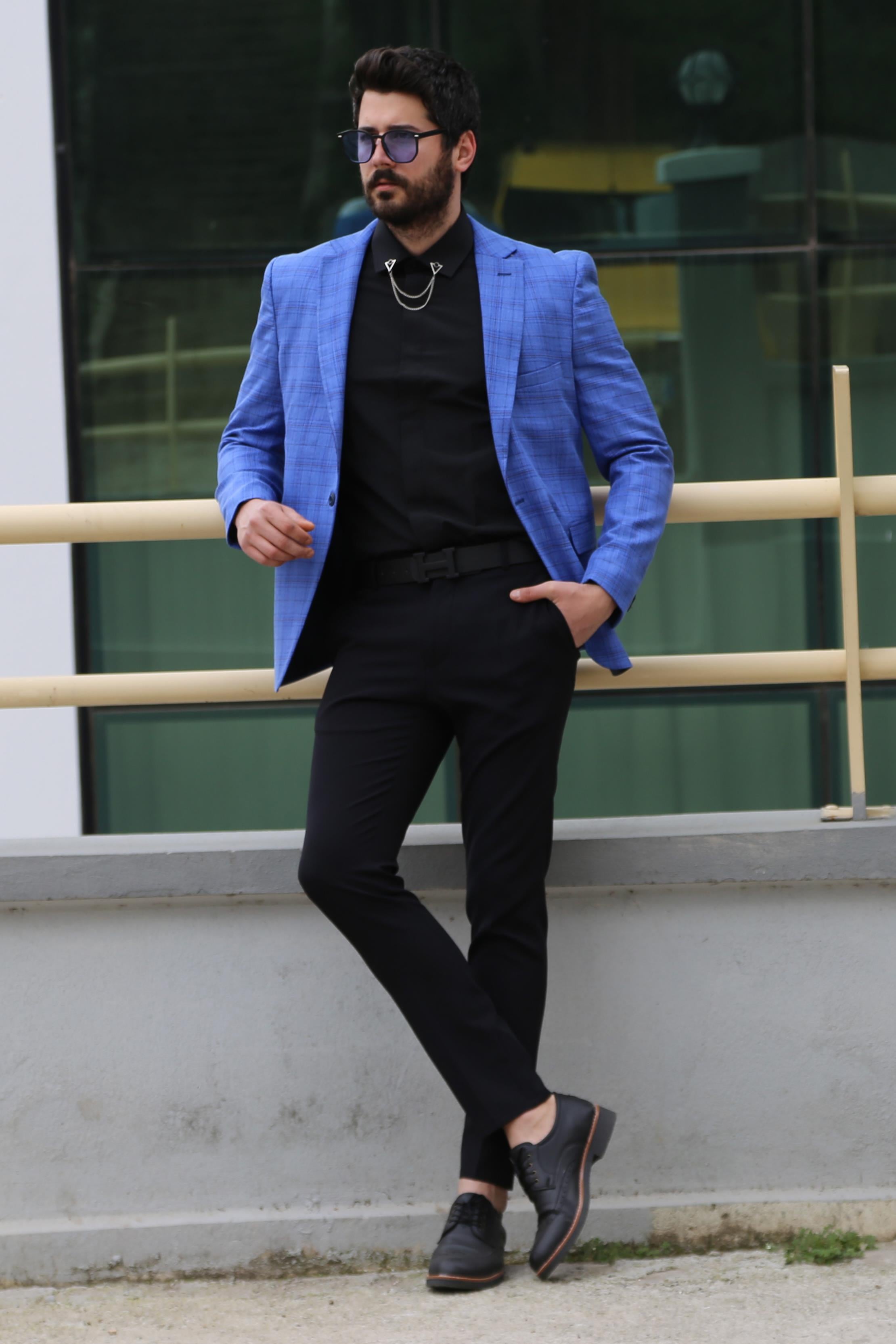 Mavi Ekoseli Blazer Ceket Kombini