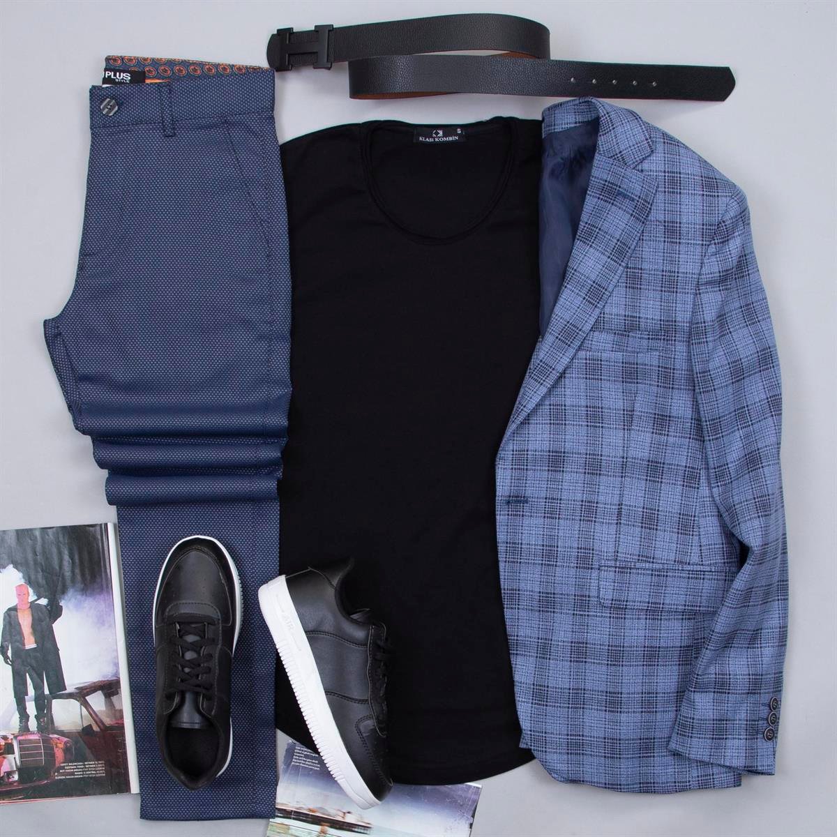 Mavi Ekoseli Blazer Ceket Tişört Pantolon Ayakkabı Kombin