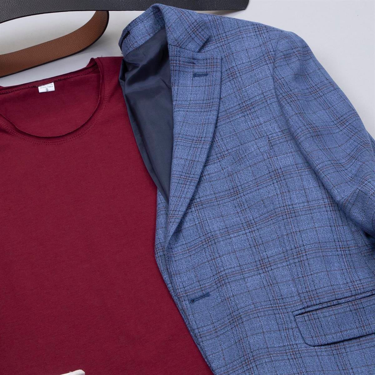 Mavi Ekoseli Blazer Ceket Tişört Pantolon Ayakkabı Kombin