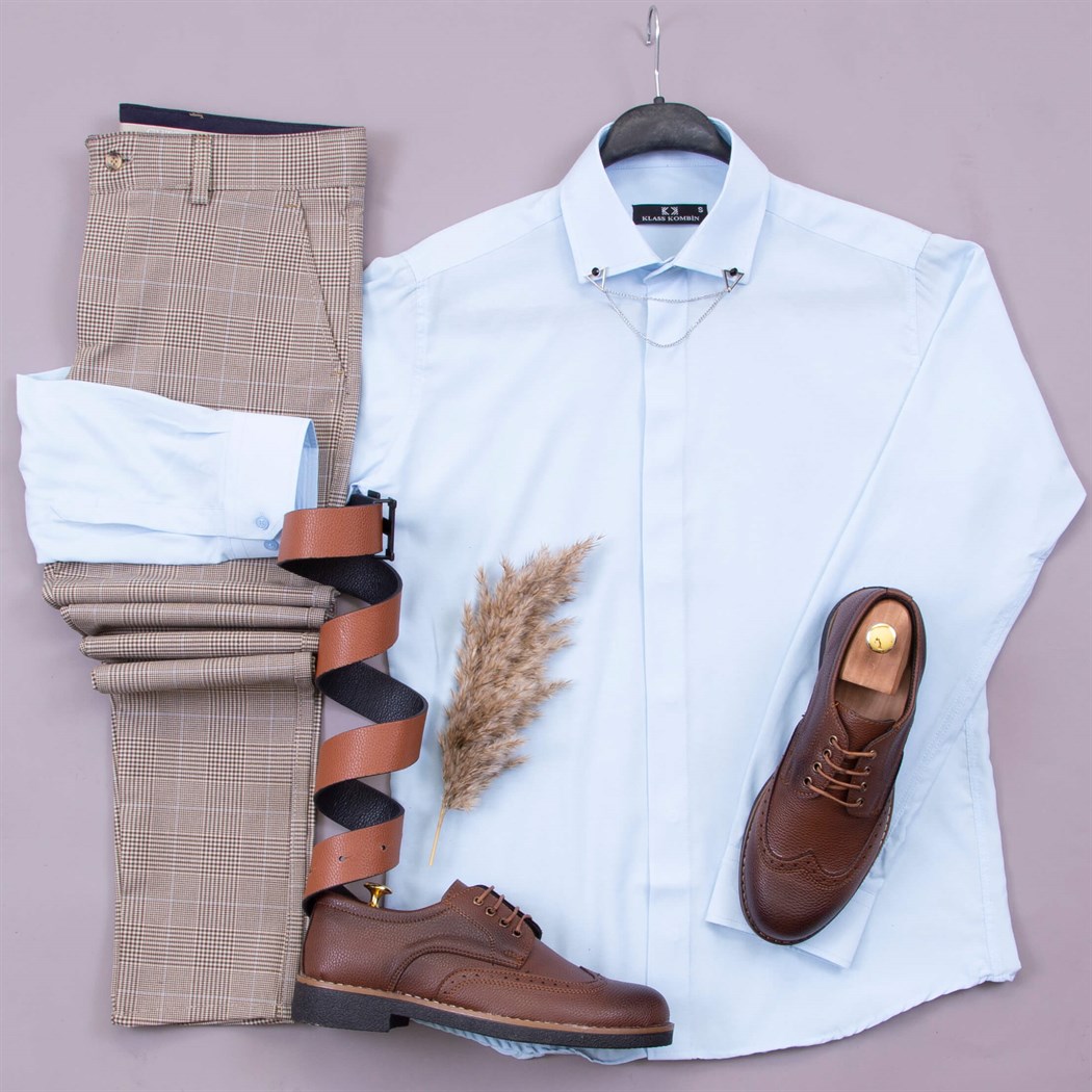 Mavi Gömlek Ekose Kumaş Pantolon Ayakkabı Kombin