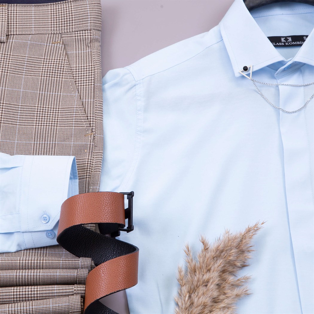 Mavi Gömlek Ekose Kumaş Pantolon Ayakkabı Kombin