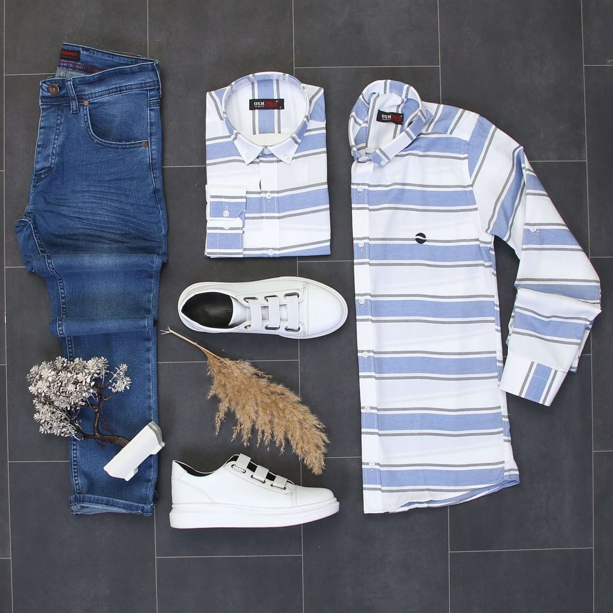 Mavi Gömlek Lacivert Kot Pantolon Ayakkabı Kombini